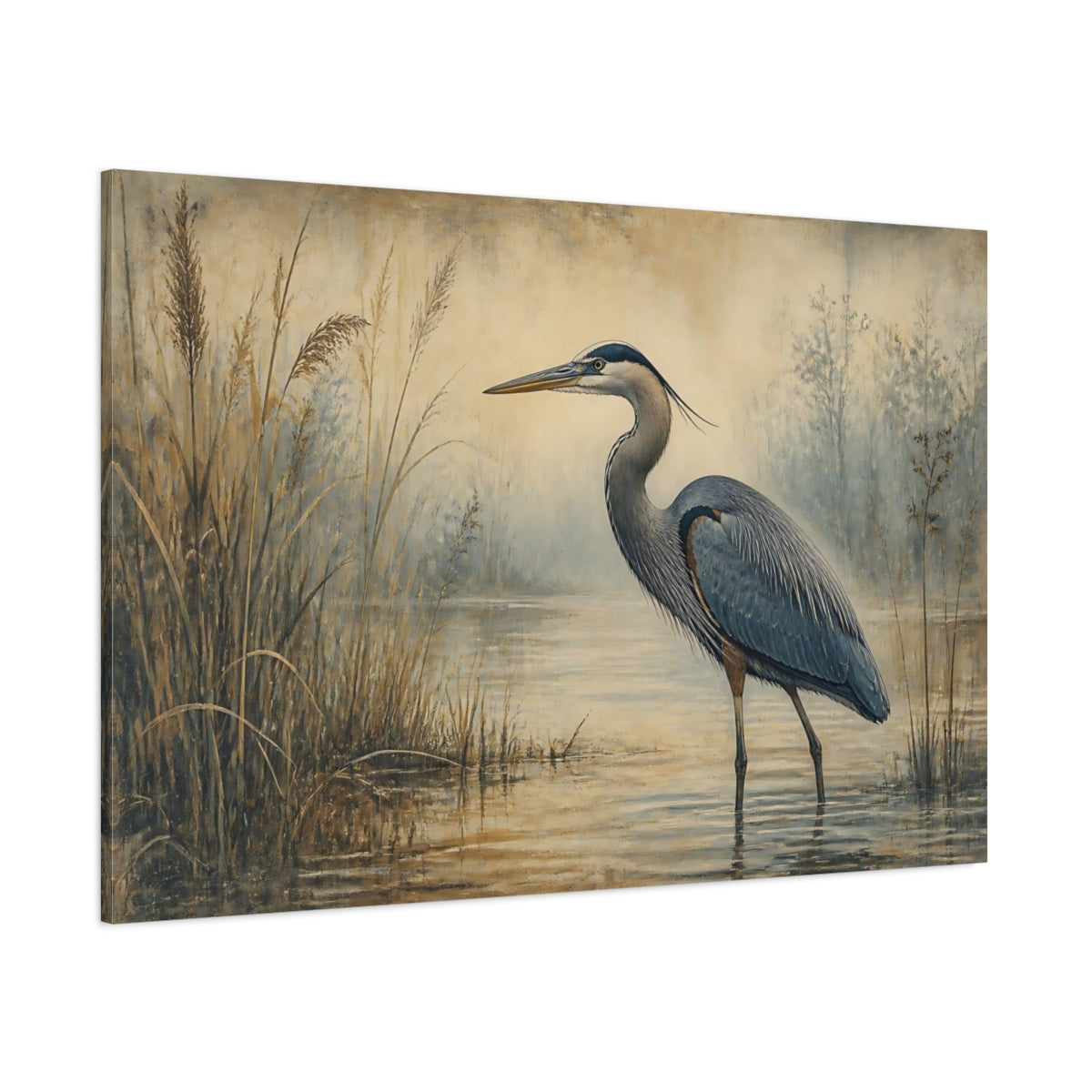 Side Mockup 1. Birds Heron Blue Heron shown as canvas print