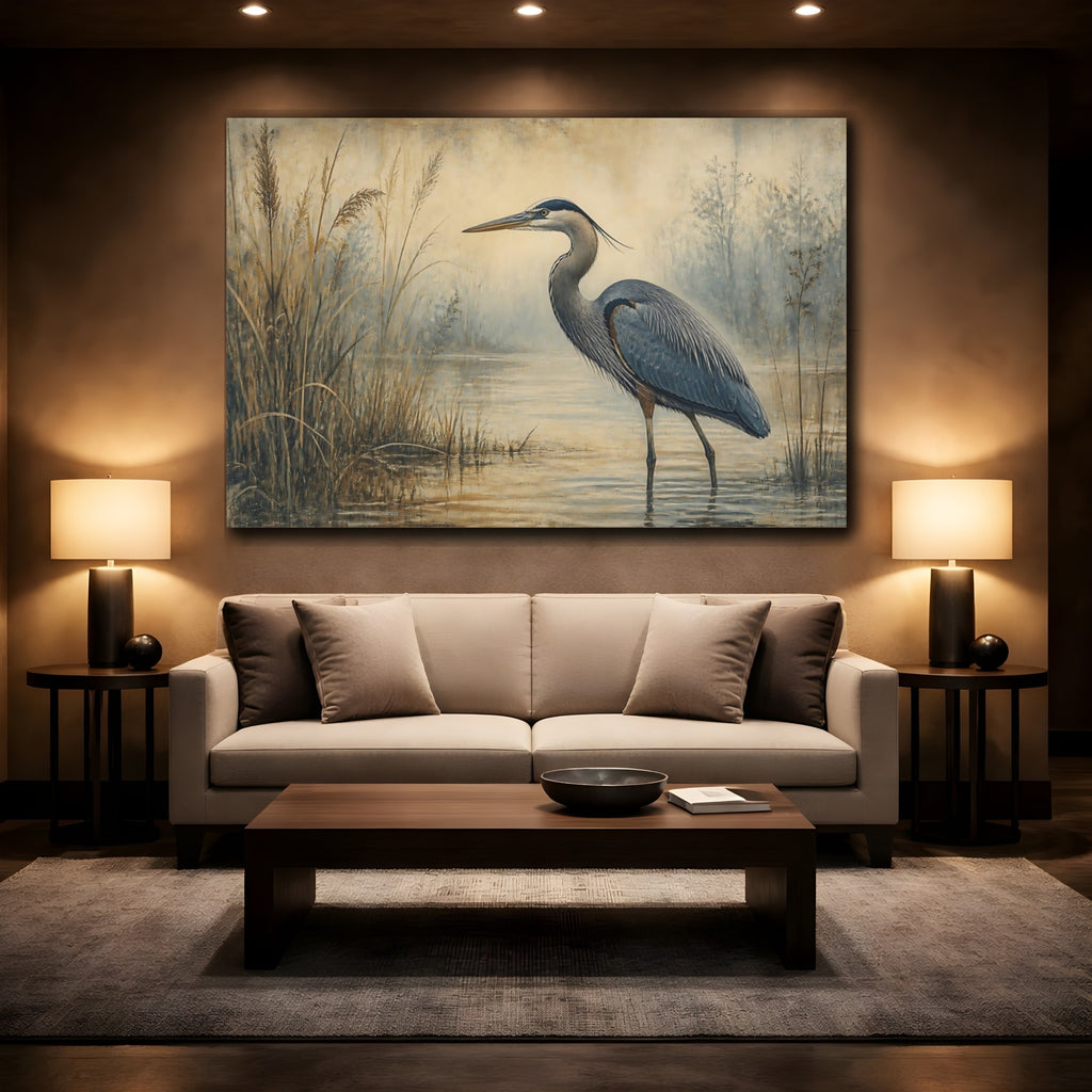 Mockup 2. Birds Heron Blue Heron shown as canvas print