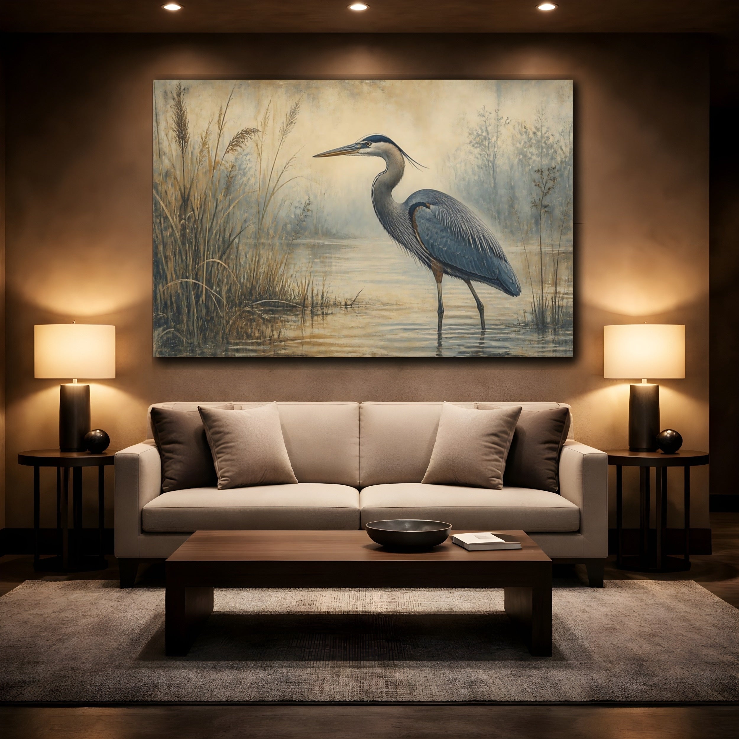 Mockup 2. Birds Heron Blue Heron shown as canvas print