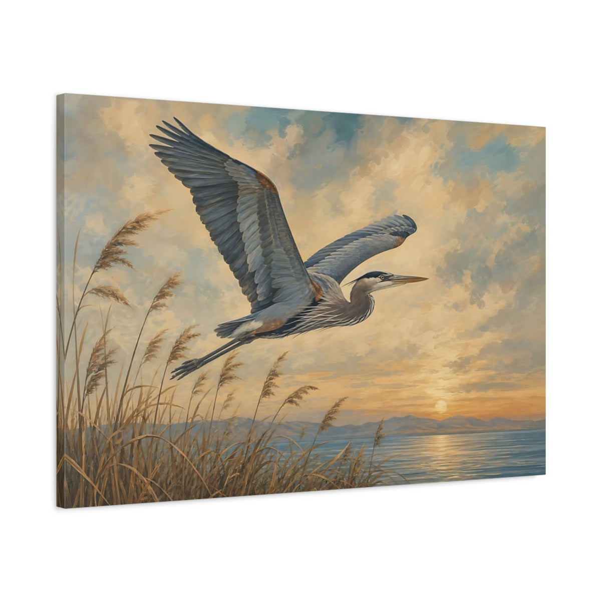 Main Mockup. Birds Heron Heron Sunset shown as canvas print
