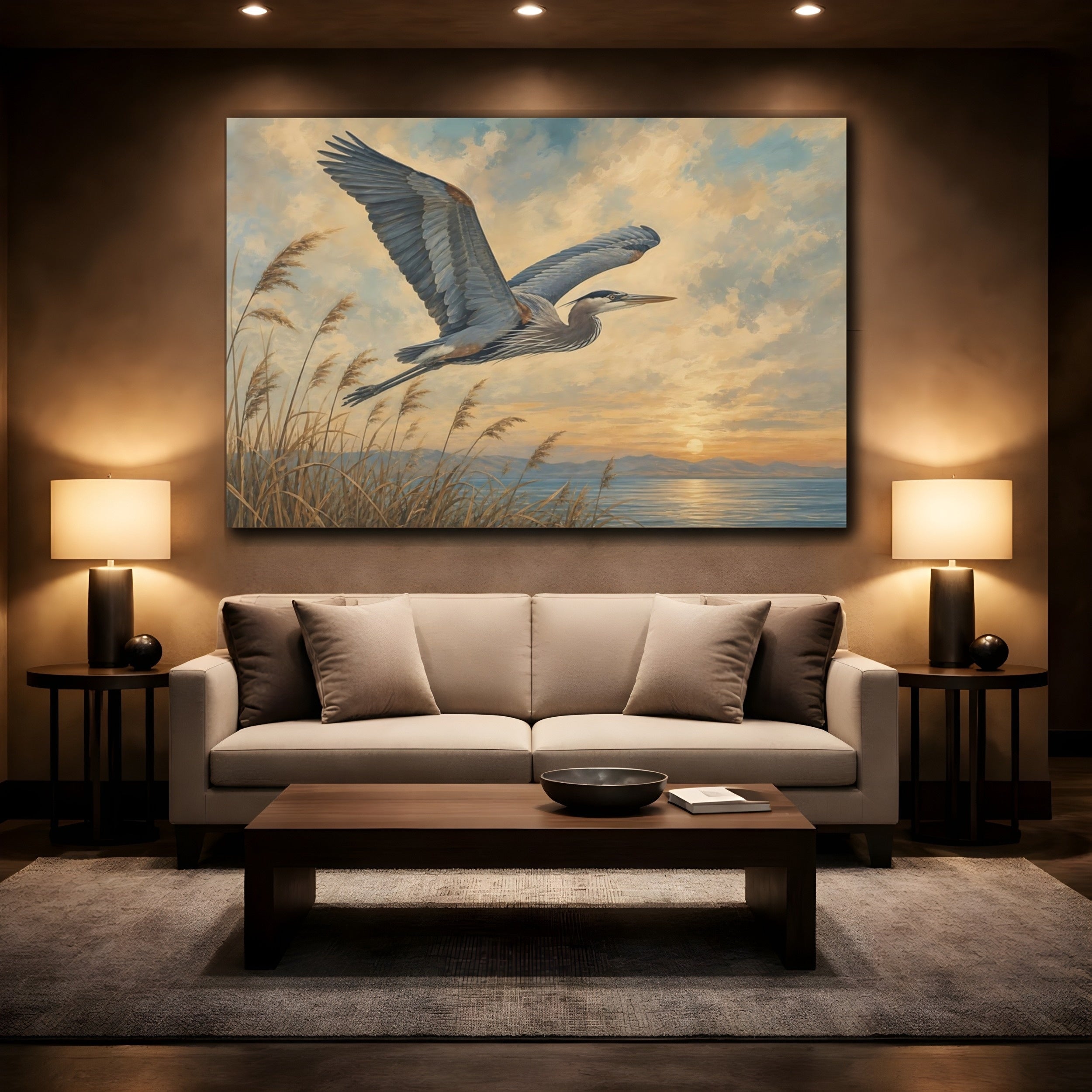 Mockup 2. Birds Heron Heron Sunset shown as canvas print