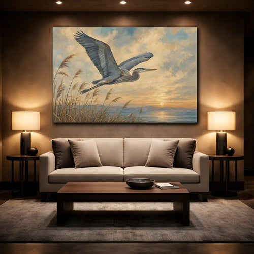 Mockup 2. Birds Heron Heron Sunset shown as canvas print