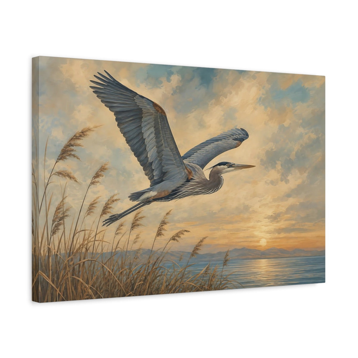 Side Mockup 3. Birds Heron Heron Sunset shown as canvas print