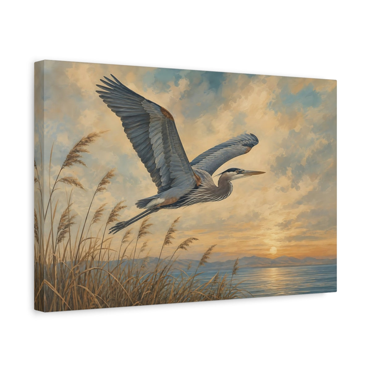 Side Mockup 4. Birds Heron Heron Sunset shown as canvas print