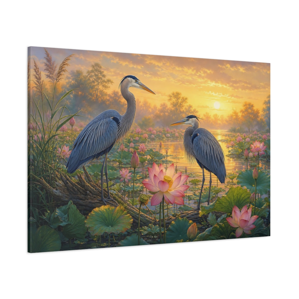 Side Mockup 1. Birds Herons Blue And Gold shown as canvas print