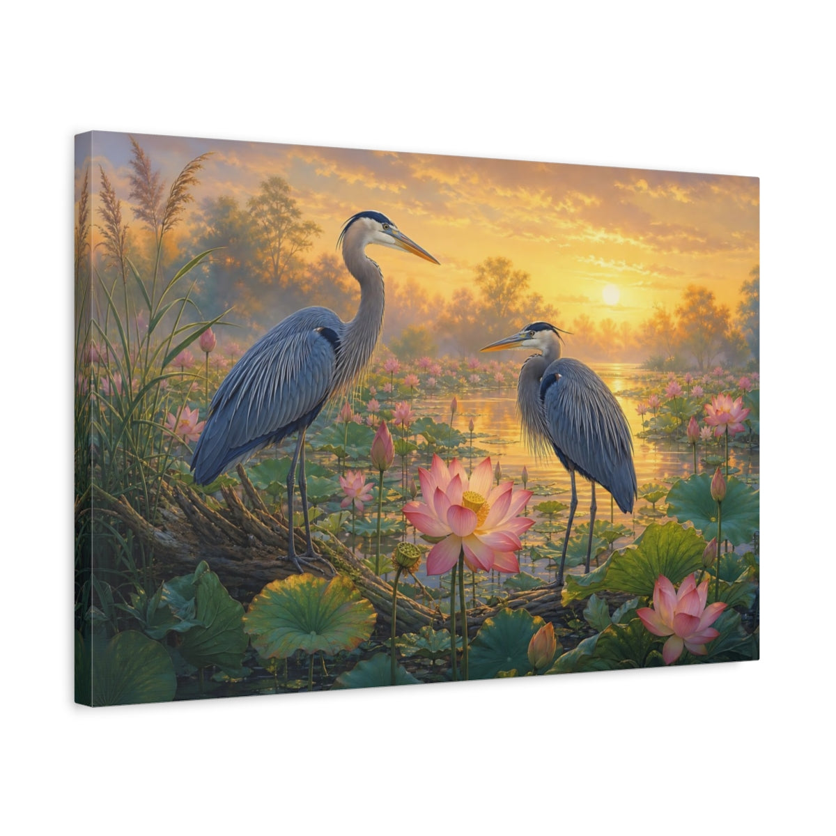 Side Mockup 3. Birds Herons Blue And Gold shown as canvas print