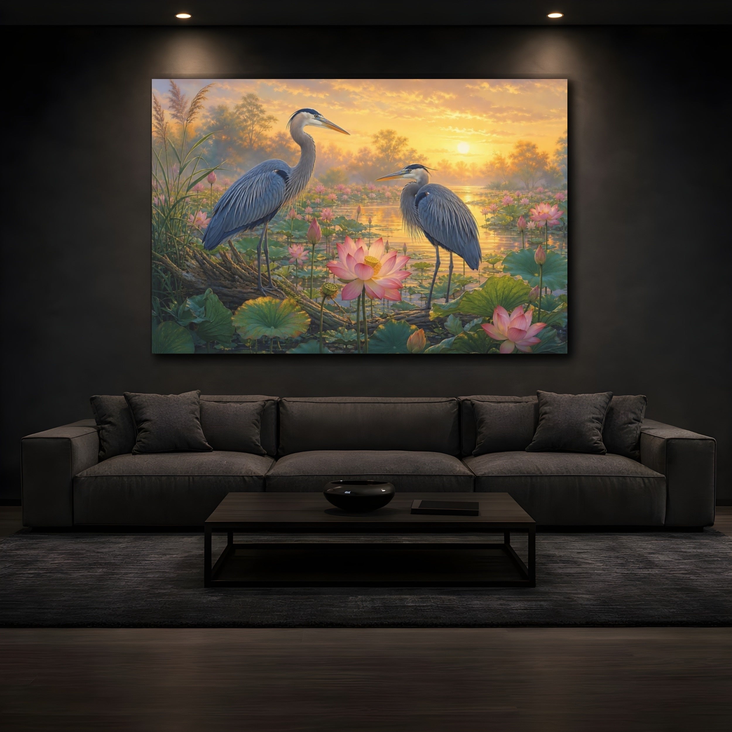 Mockup 3. Birds Herons Blue And Gold shown as canvas print