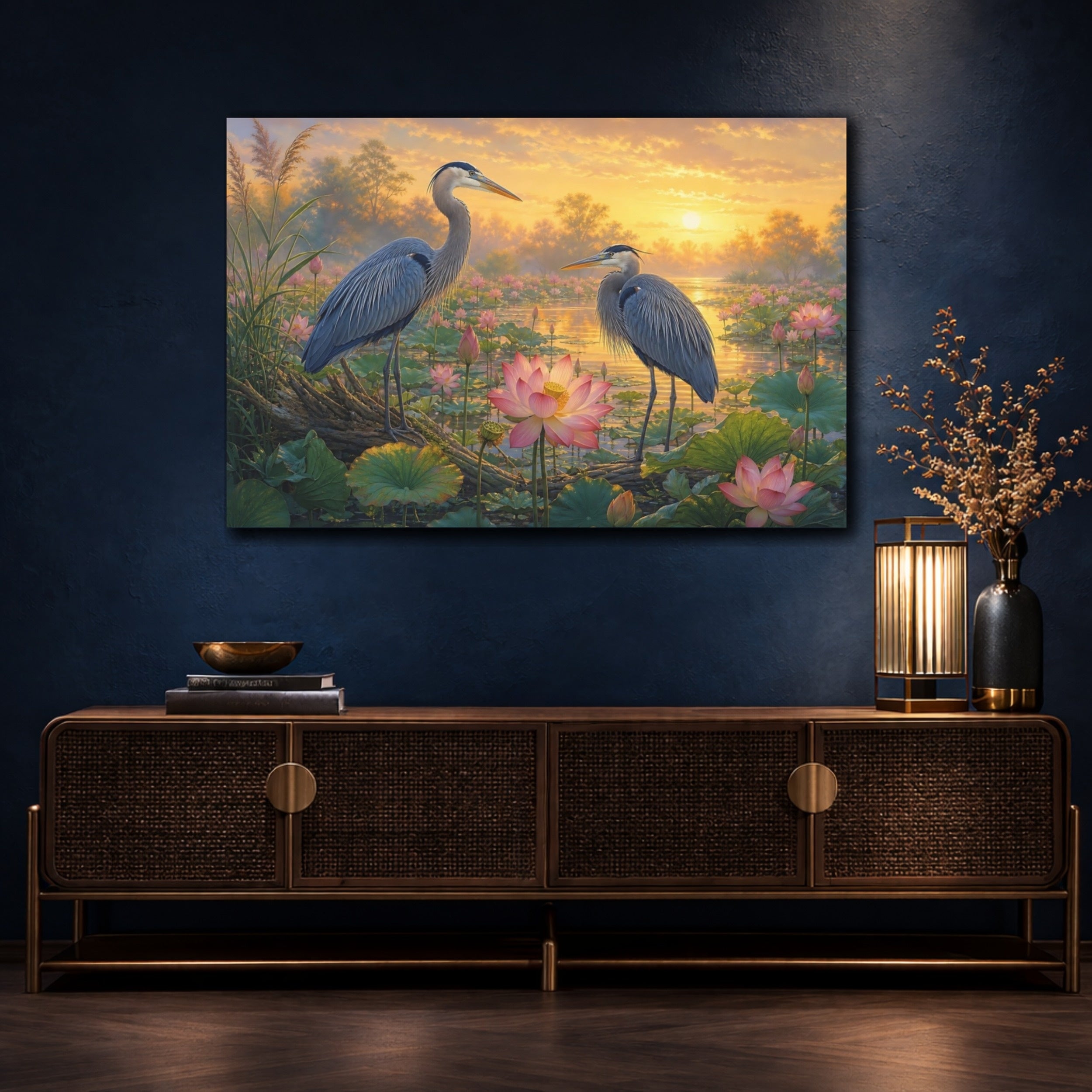 Mockup 4. Birds Herons Blue And Gold shown as canvas print