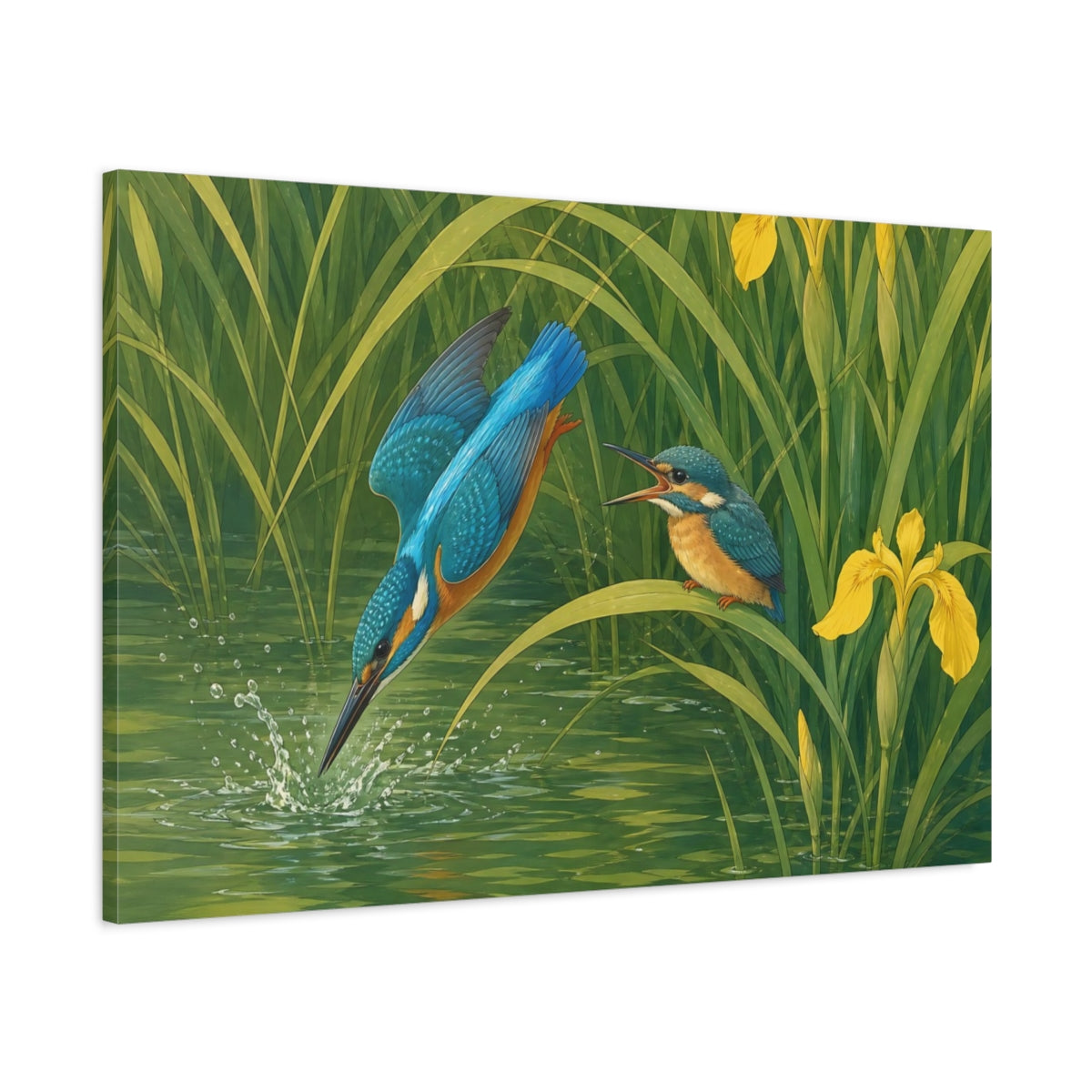 Main Mockup. Birds Kingfishers Green And Blue Birds shown as canvas print