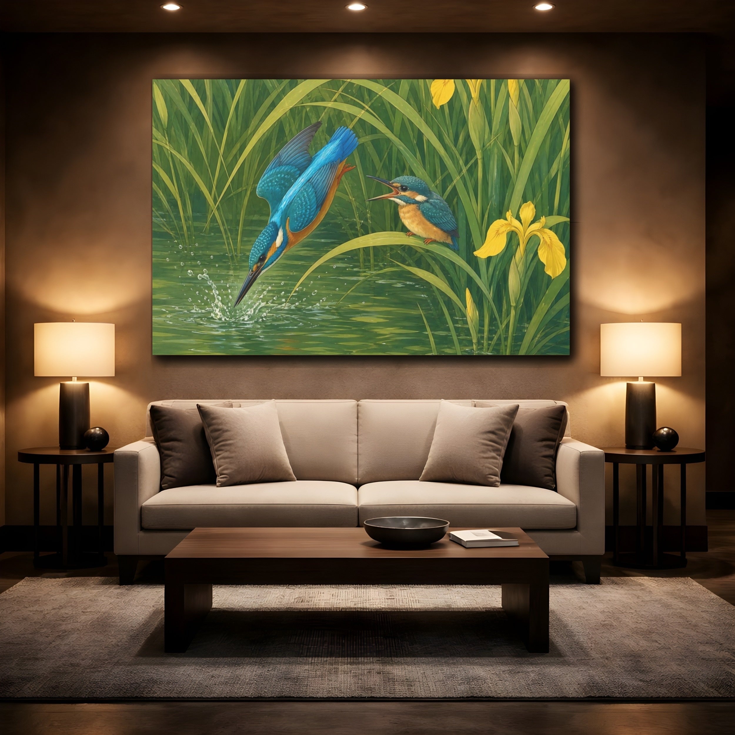 Mockup 2. Birds Kingfishers Green And Blue Birds shown as canvas print