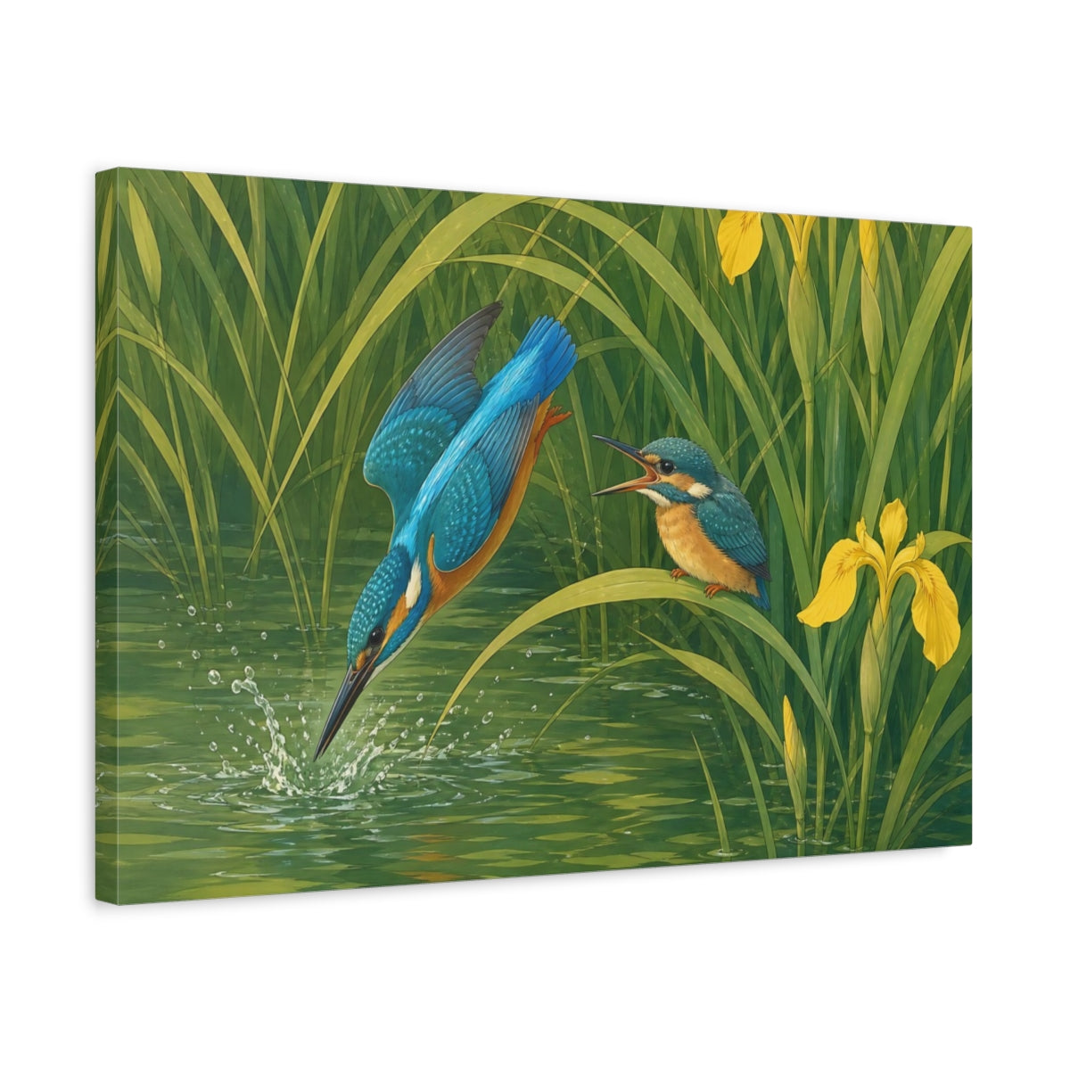 Side Mockup 3. Birds Kingfishers Green And Blue Birds shown as canvas print