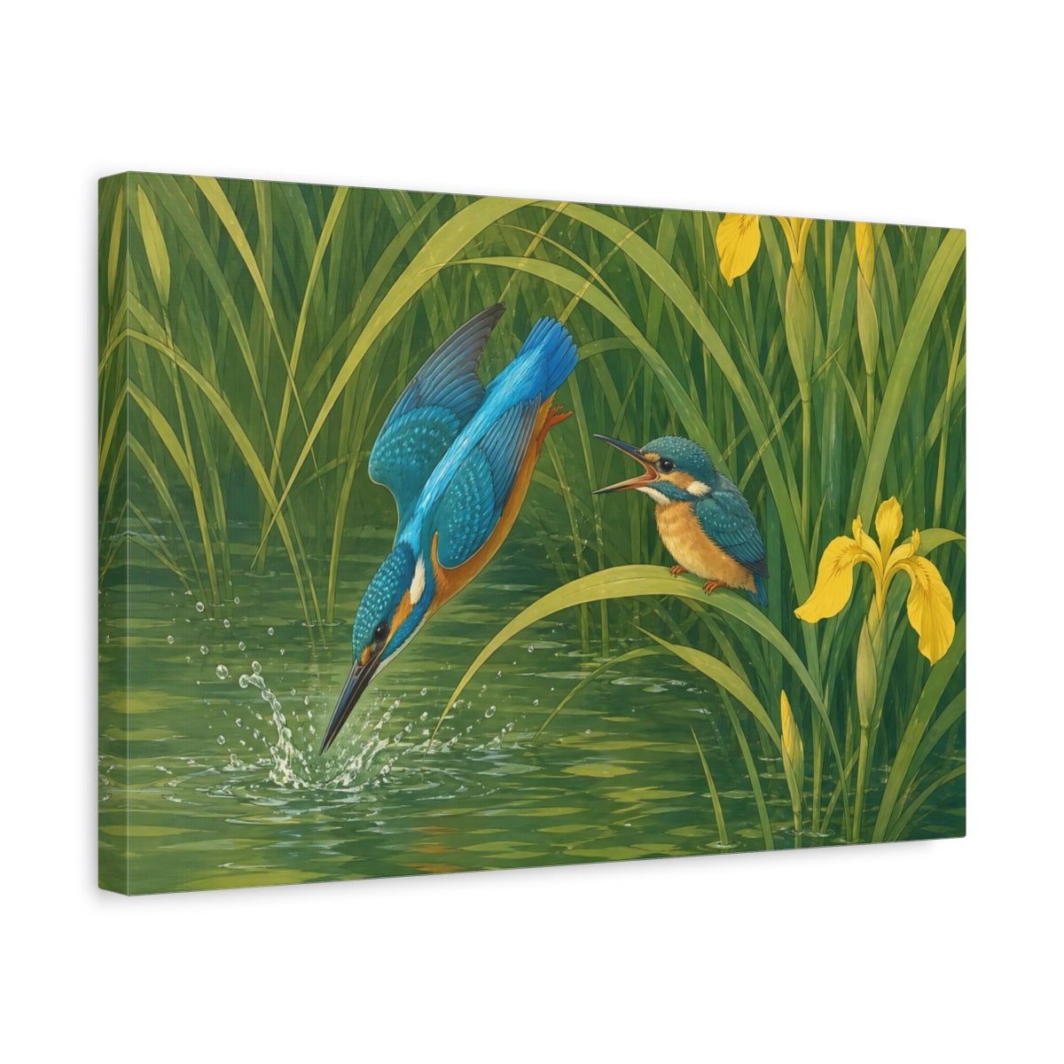 Side Mockup 4. Birds Kingfishers Green And Blue Birds shown as canvas print