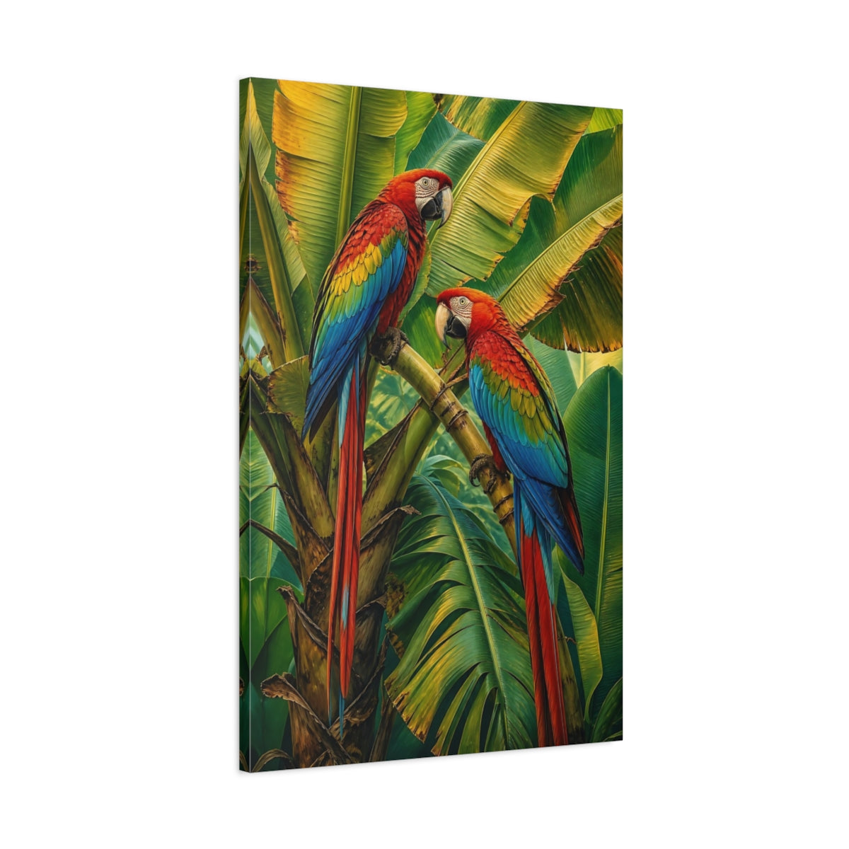 Main Mockup. Birds Macaws Vibrant Tropical Birds shown as stretched canvas wall art