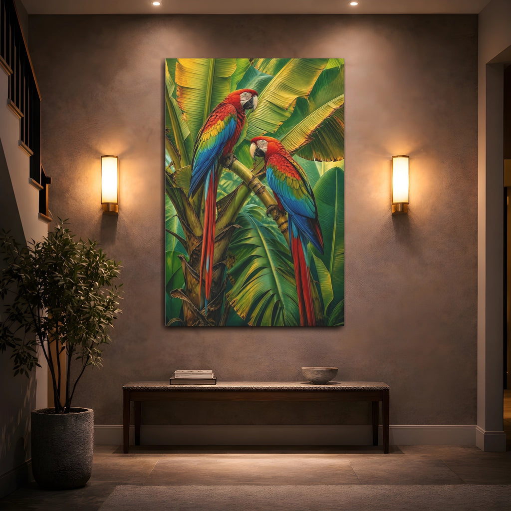 Mockup 2. Birds Macaws Vibrant Tropical Birds shown as stretched canvas wall art