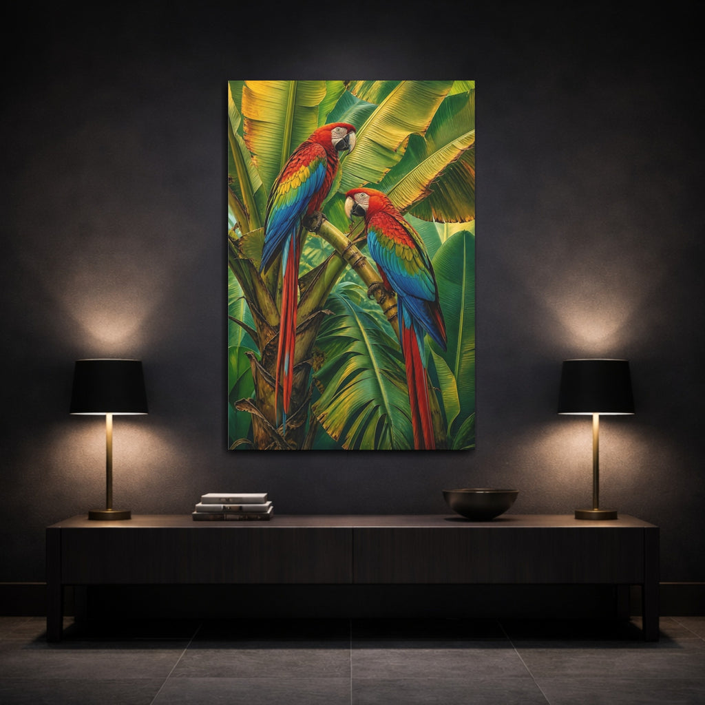 Mockup 3. Birds Macaws Vibrant Tropical Birds shown as stretched canvas wall art