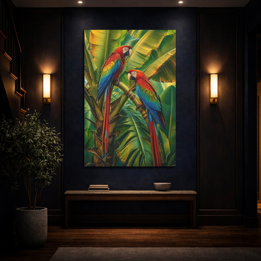 Mockup 4. Birds Macaws Vibrant Tropical Birds shown as stretched canvas wall art
