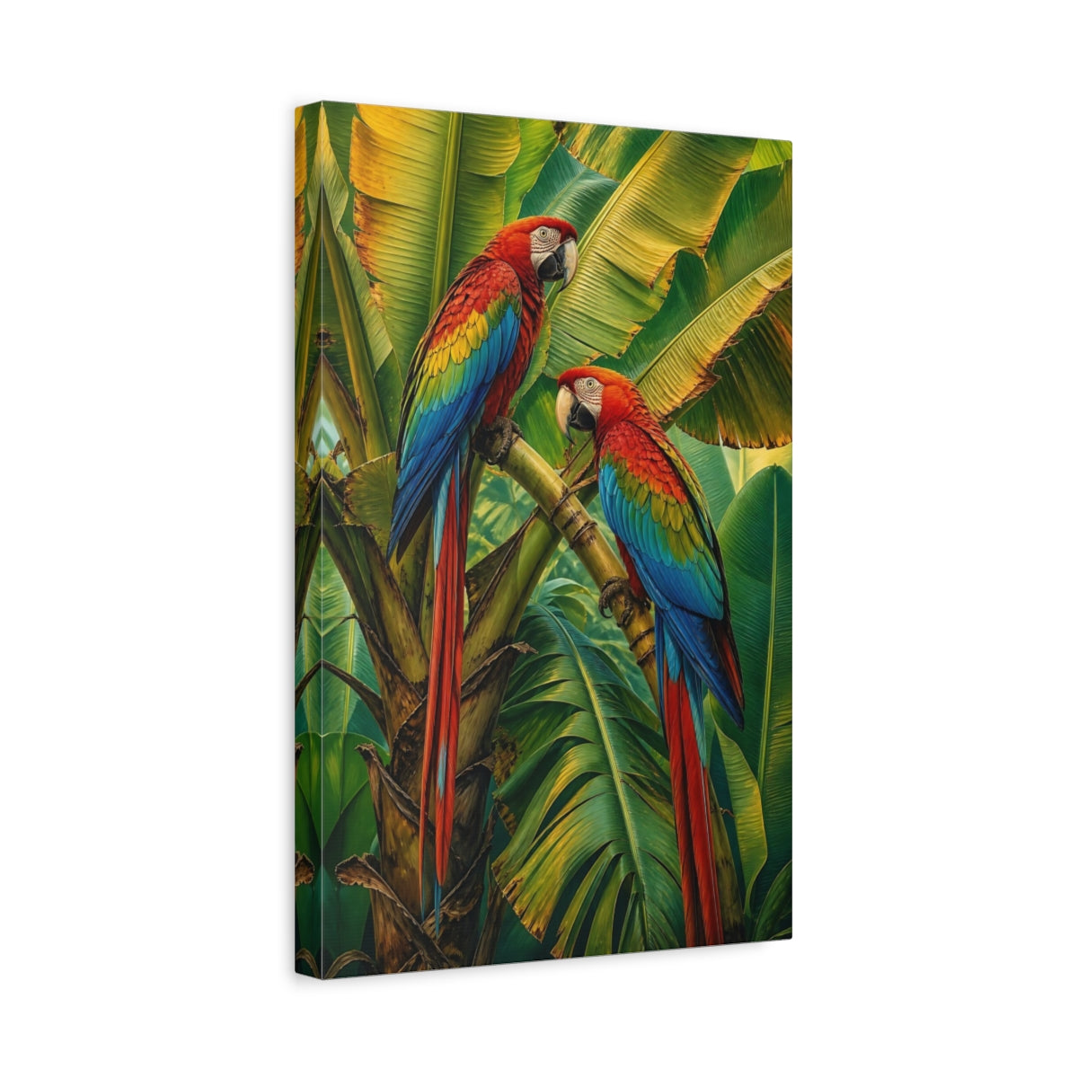 Side Mockup 4. Birds Macaws Vibrant Tropical Birds shown as stretched canvas wall art