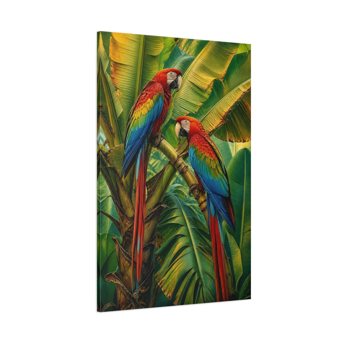 Side Mockup 1. Birds Macaws Vibrant Tropical Birds shown as stretched canvas wall art