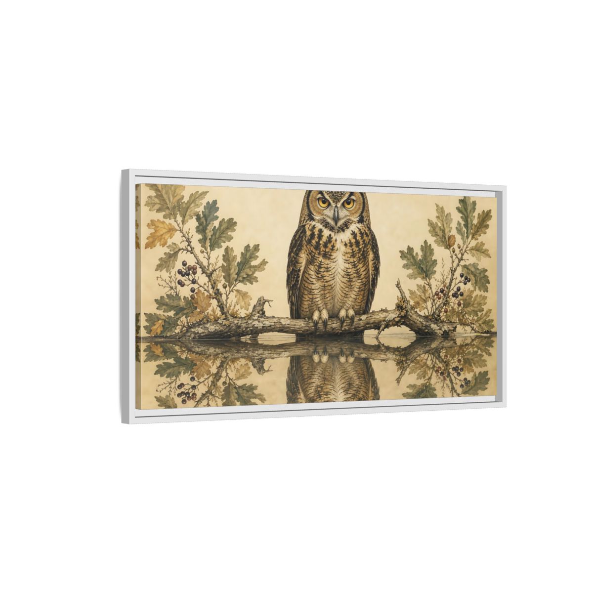 Side Mockup 1. Birds Owl Brown Owl shown as stretched canvas wall art