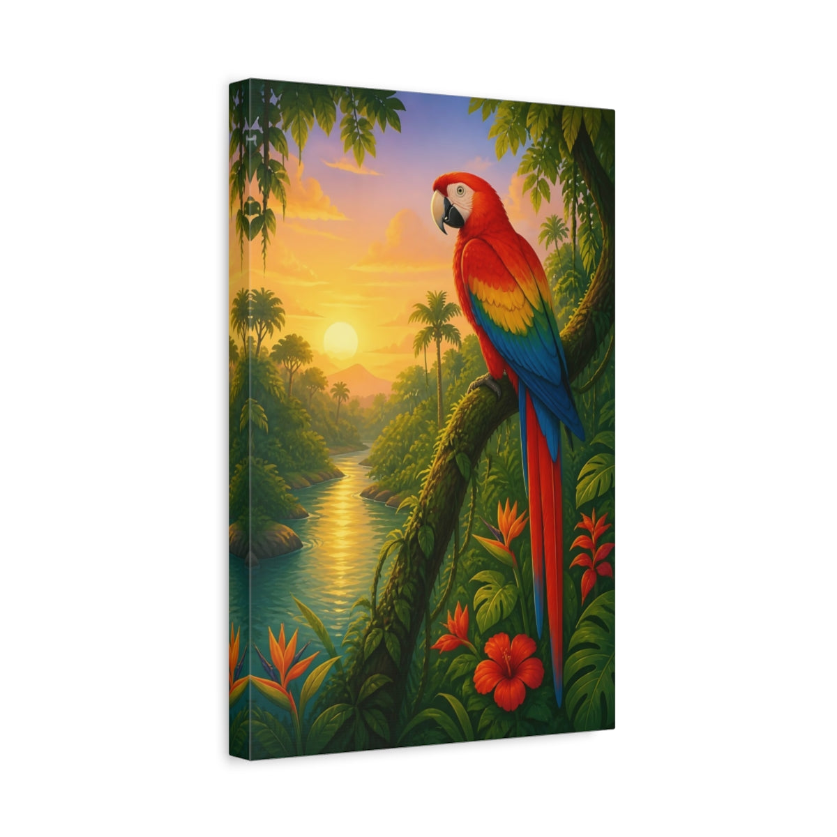 Side Mockup 4. Birds Parrot Tropical Sunset shown as stretched canvas wall art
