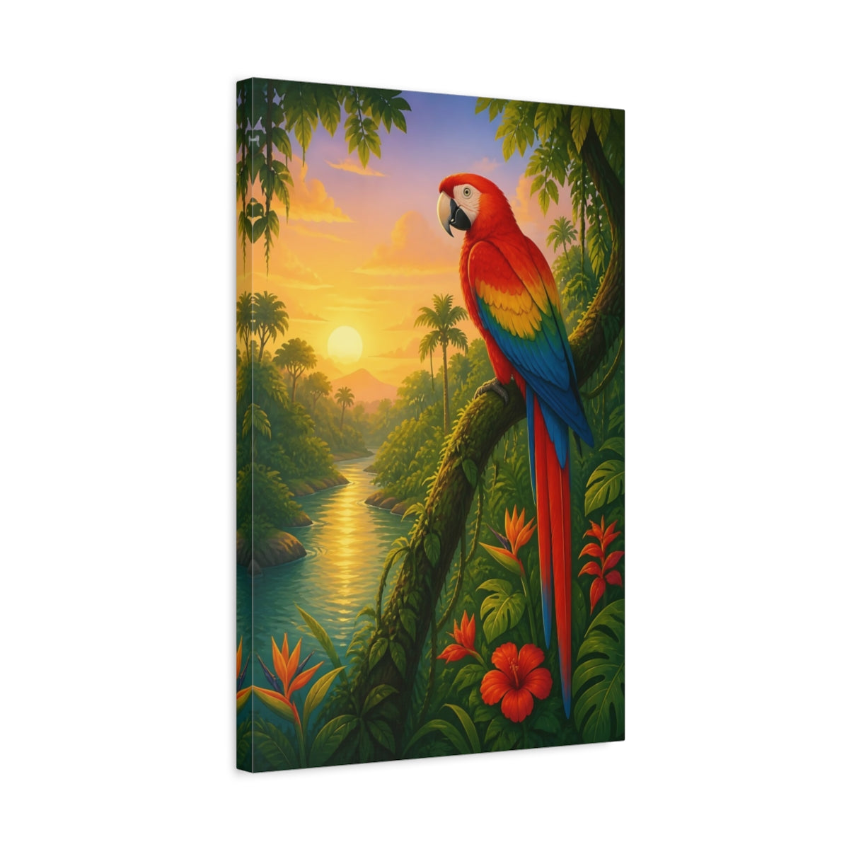Side Mockup 3. Birds Parrot Tropical Sunset shown as stretched canvas wall art
