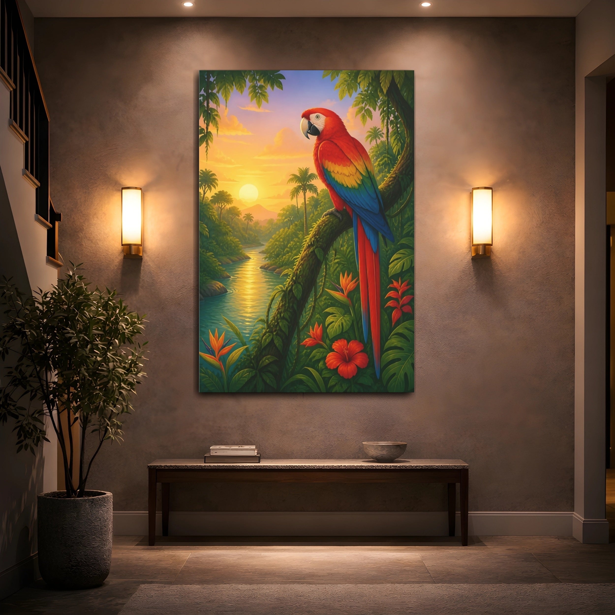 Mockup 2. Birds Parrot Tropical Sunset shown as stretched canvas wall art