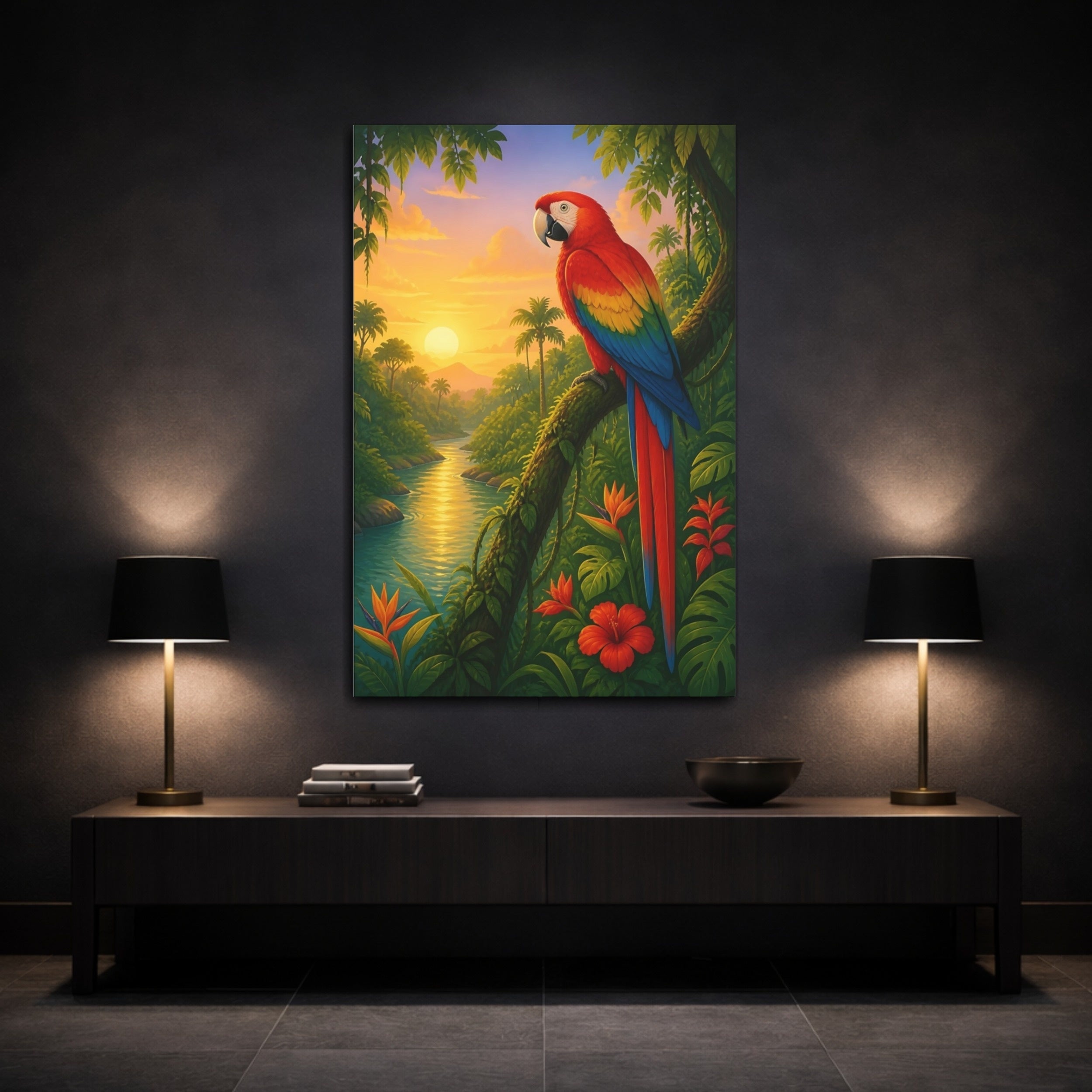 Mockup 3. Birds Parrot Tropical Sunset shown as stretched canvas wall art