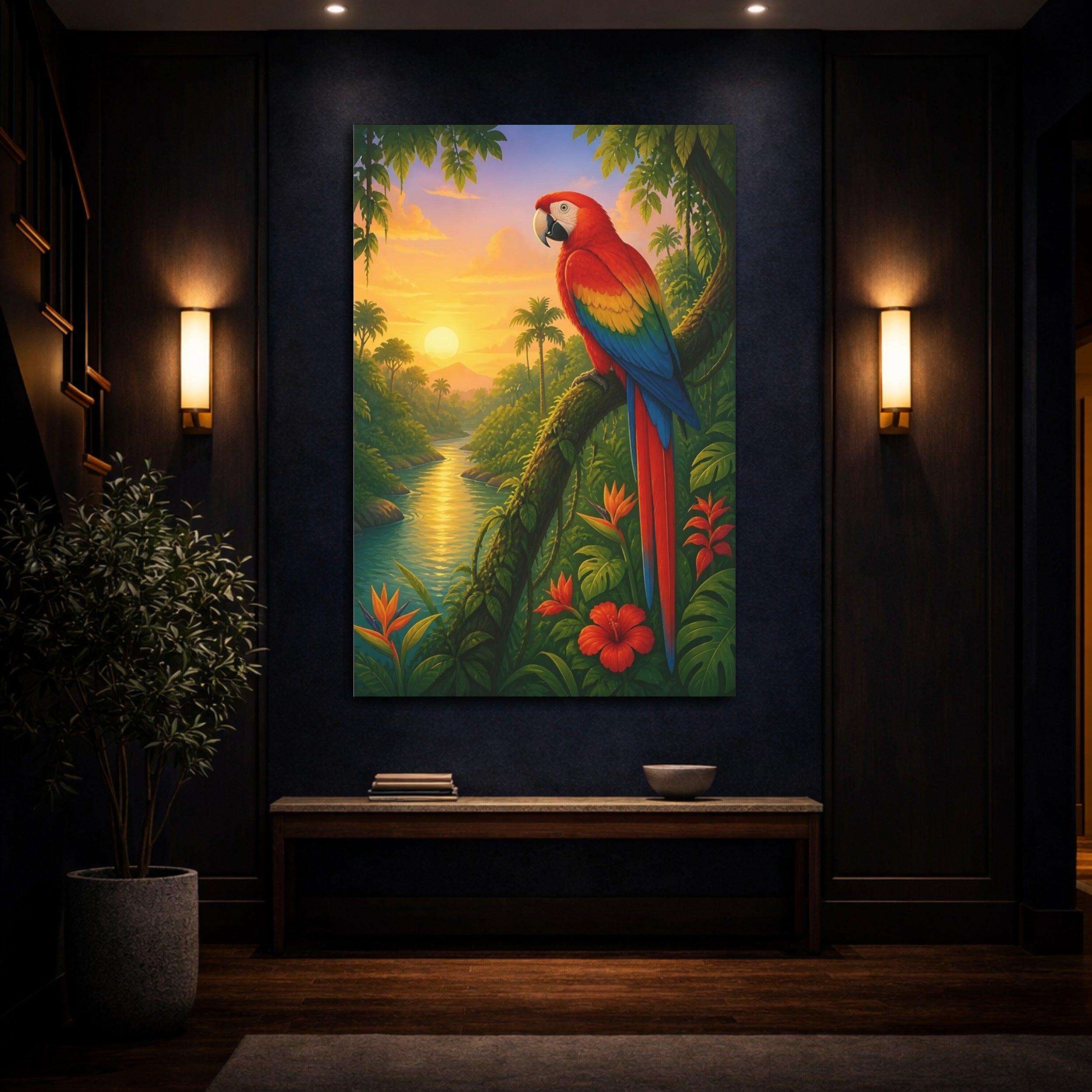Mockup 4. Birds Parrot Tropical Sunset shown as stretched canvas wall art