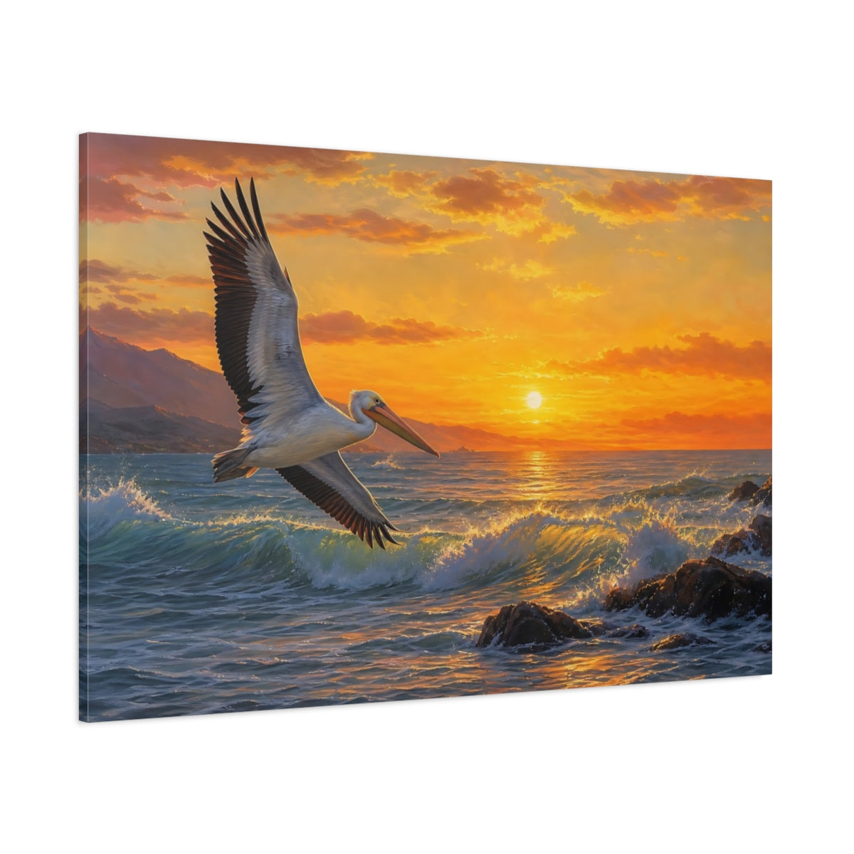 Side Mockup 1. Birds Pelican Orange And Blue shown as canvas print