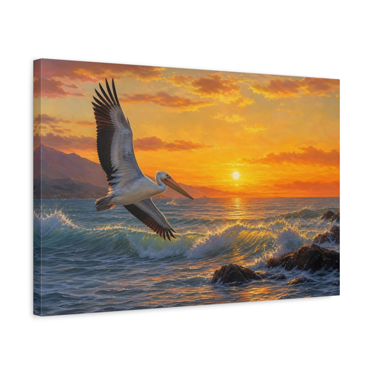 Side Mockup 3. Birds Pelican Orange And Blue shown as canvas print
