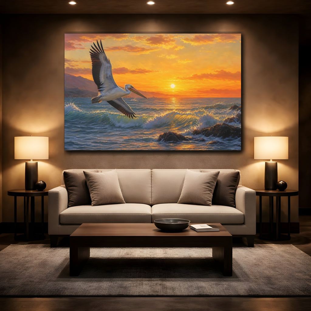 Mockup 2. Birds Pelican Orange And Blue shown as canvas print