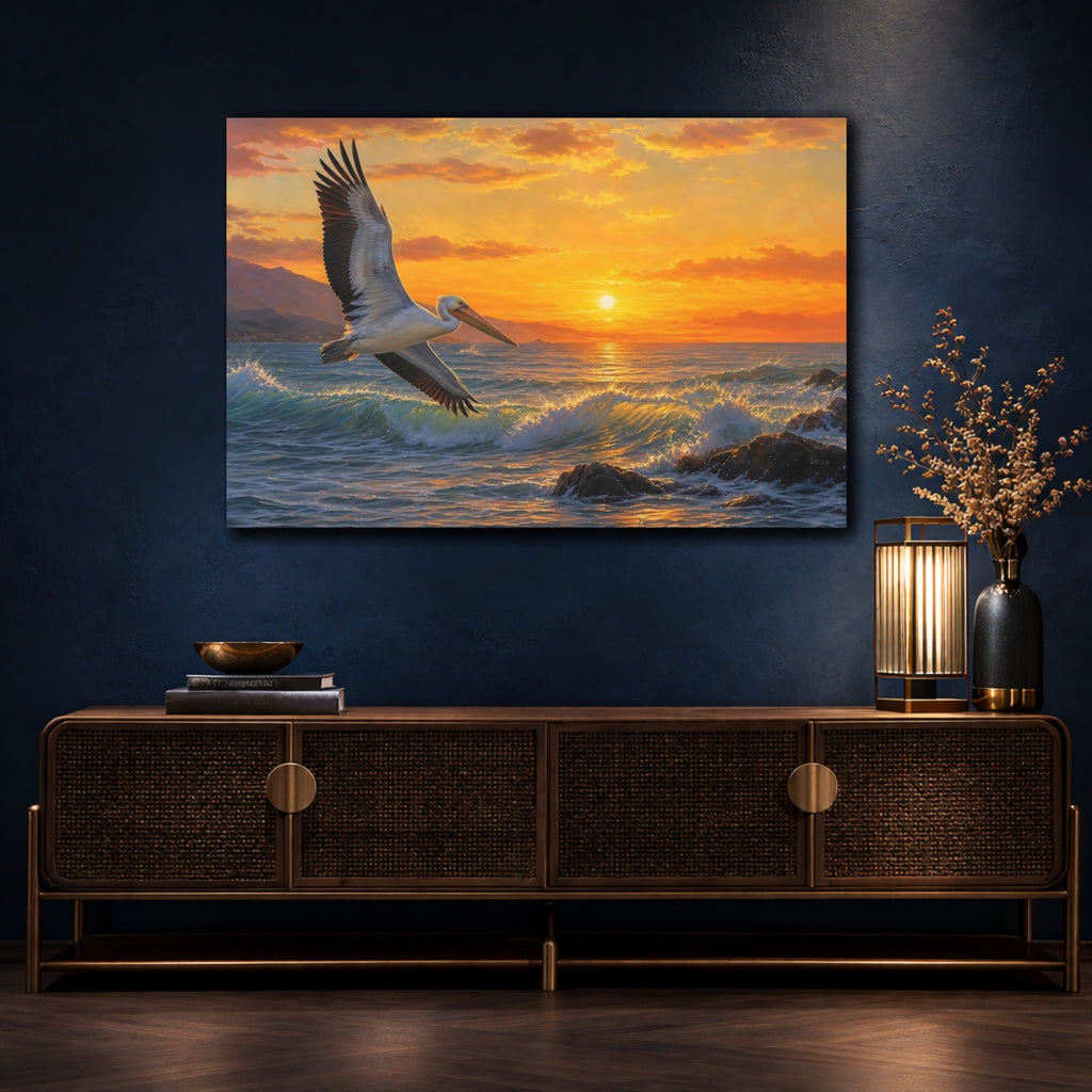 Mockup 4. Birds Pelican Orange And Blue shown as canvas print