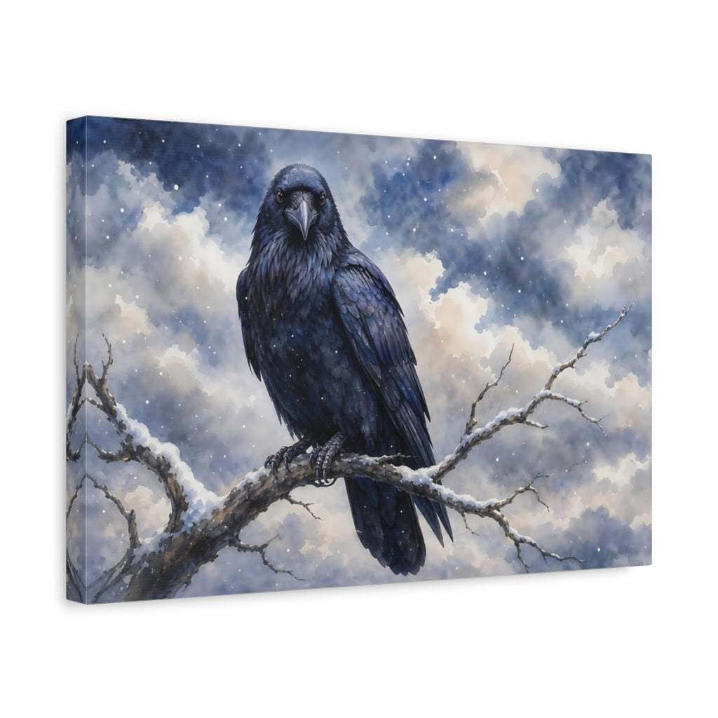 Side Mockup 4. Birds Raven Winter Raven shown as canvas print
