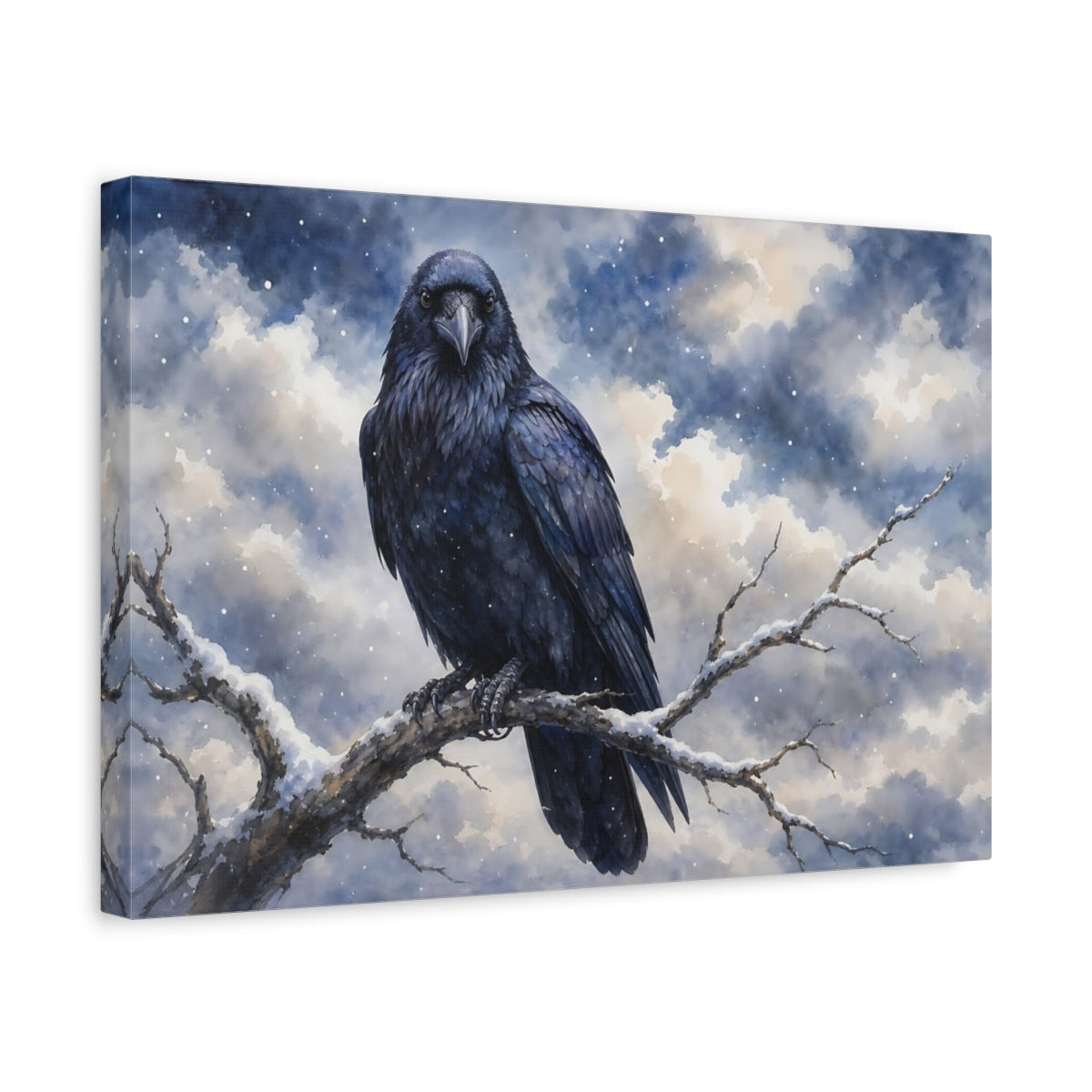 Side Mockup 4. Birds Raven Winter Raven shown as canvas print