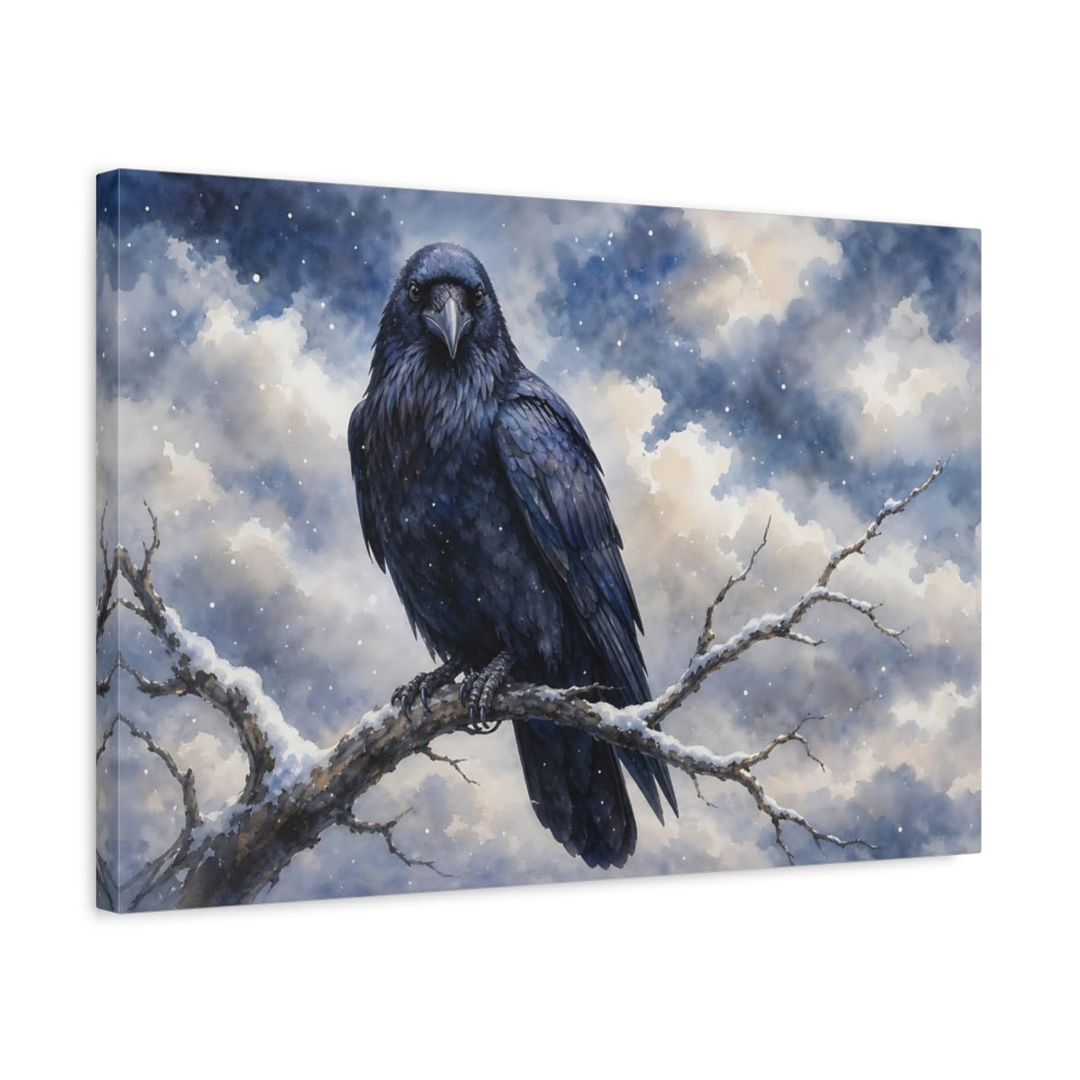 Side Mockup 3. Birds Raven Winter Raven shown as canvas print