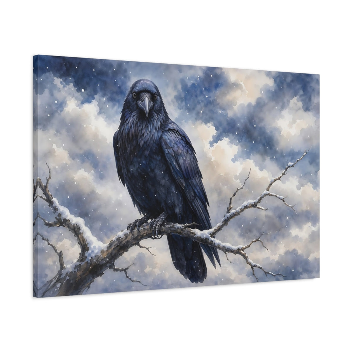 Main Mockup. Birds Raven Winter Raven shown as canvas print