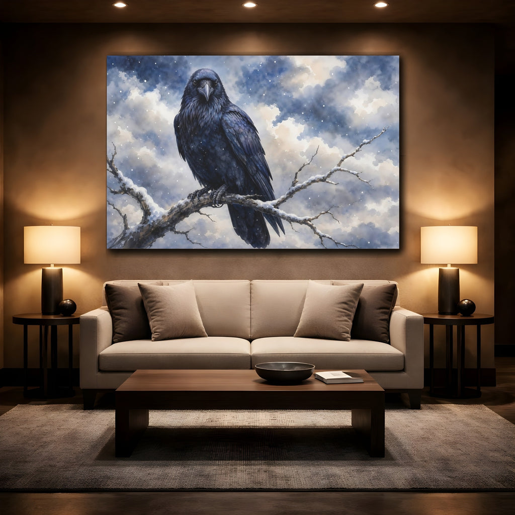 Mockup 2. Birds Raven Winter Raven shown as canvas print