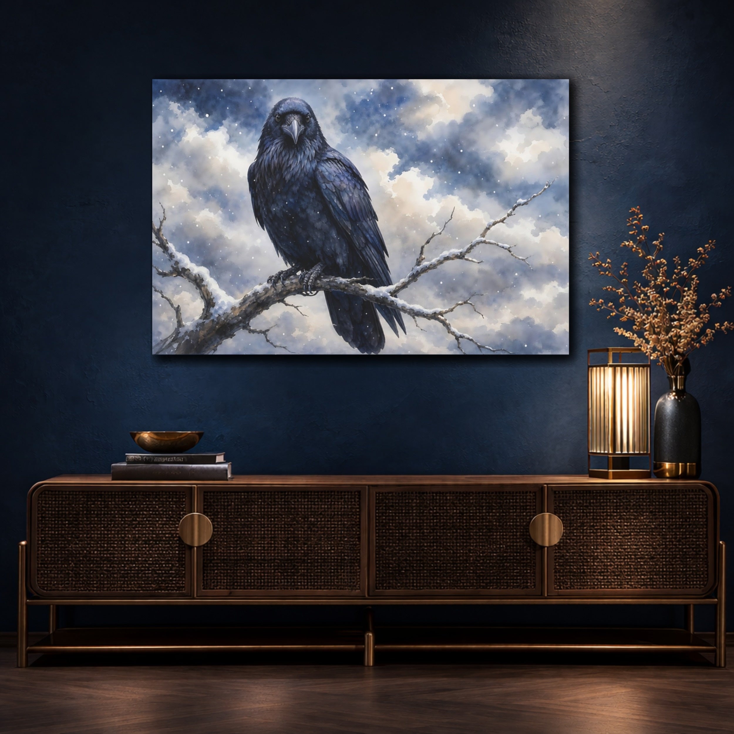 Mockup 4. Birds Raven Winter Raven shown as canvas print