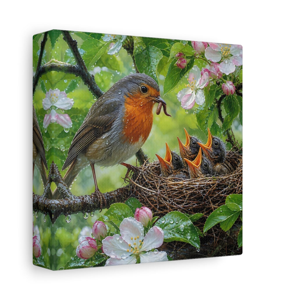 Side Mockup 2. Birds Robin Feeding Robin Bird Nest shown as stretched canvas wall art