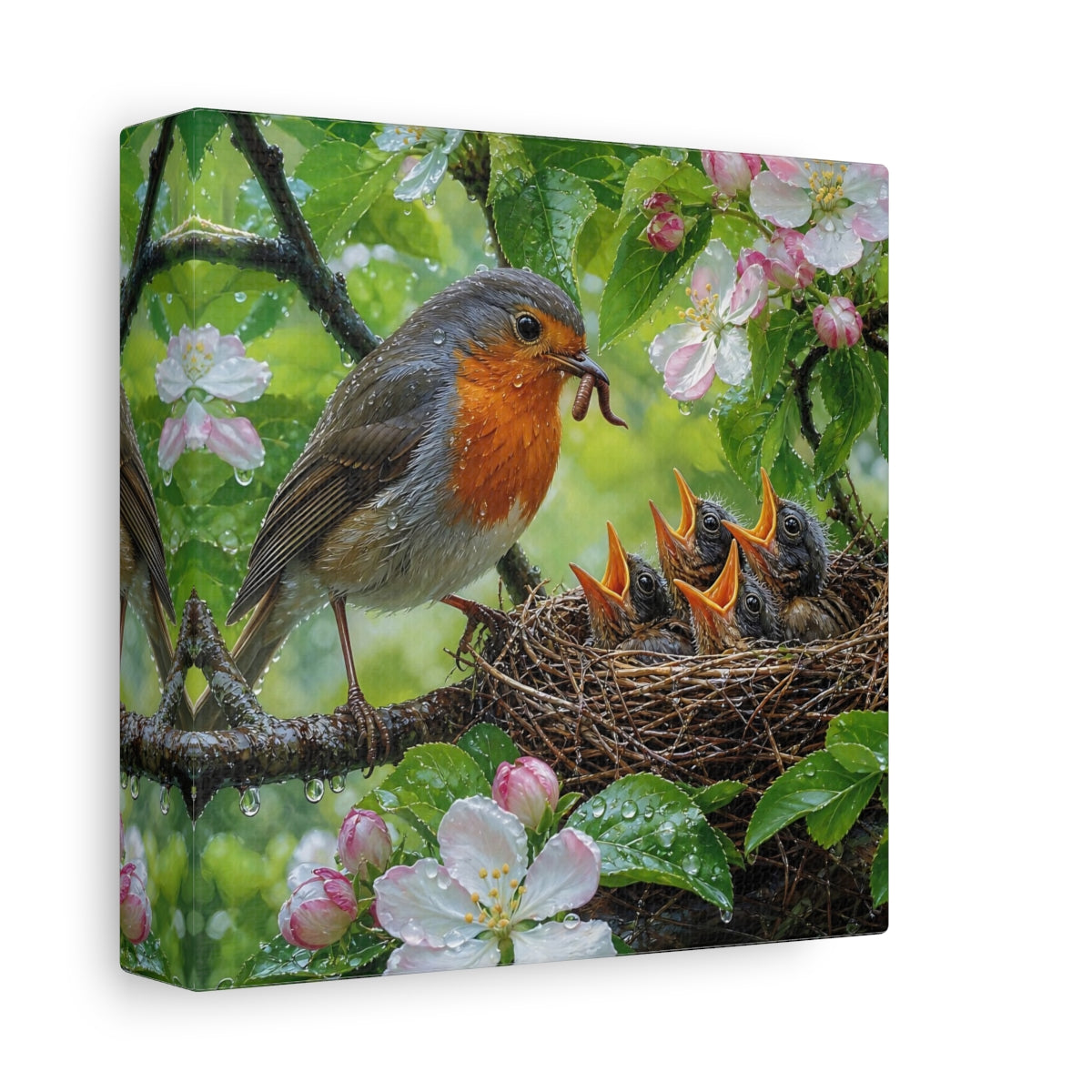 Side Mockup 2. Birds Robin Feeding Robin Bird Nest shown as stretched canvas wall art