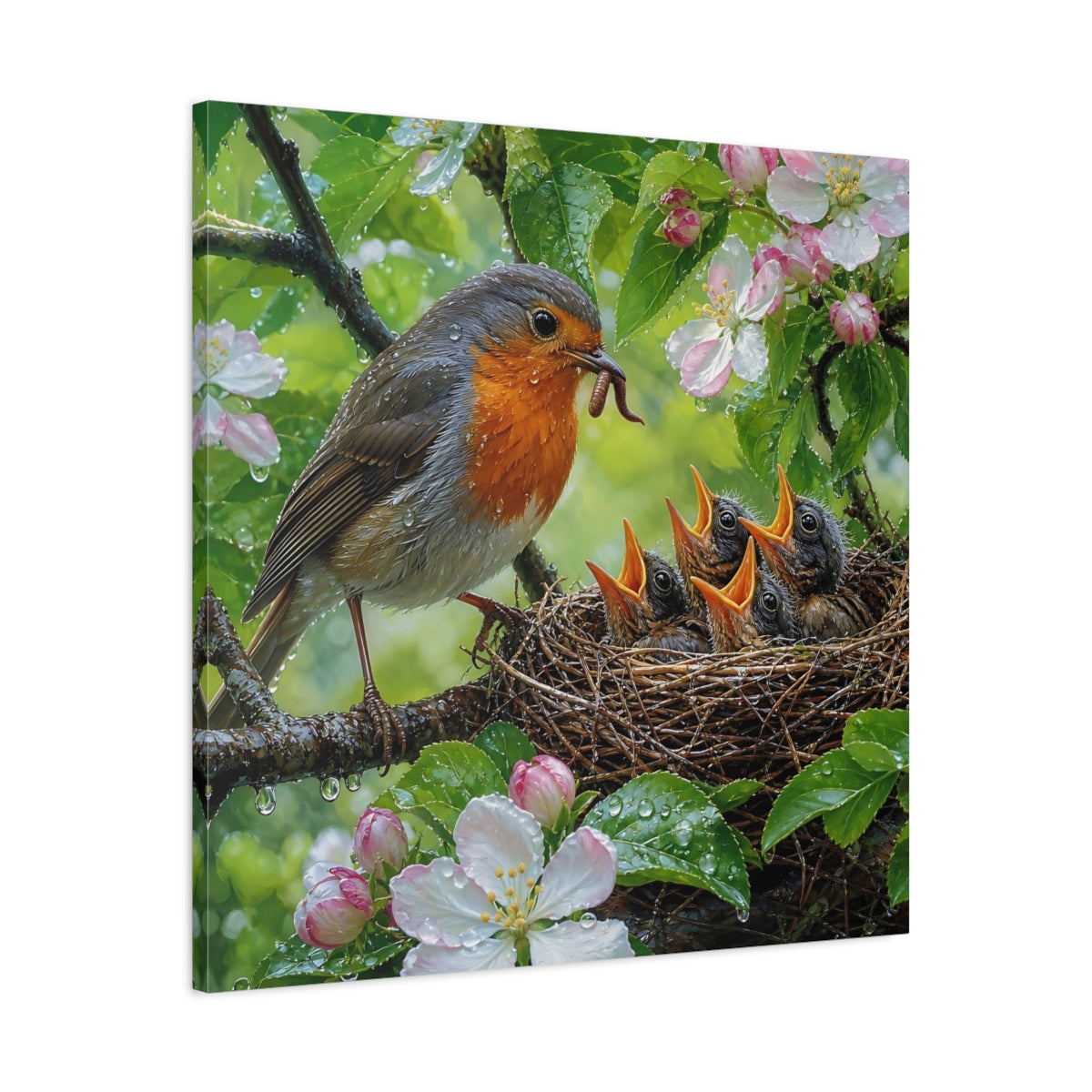 Side Mockup 3. Birds Robin Feeding Robin Bird Nest shown as stretched canvas wall art