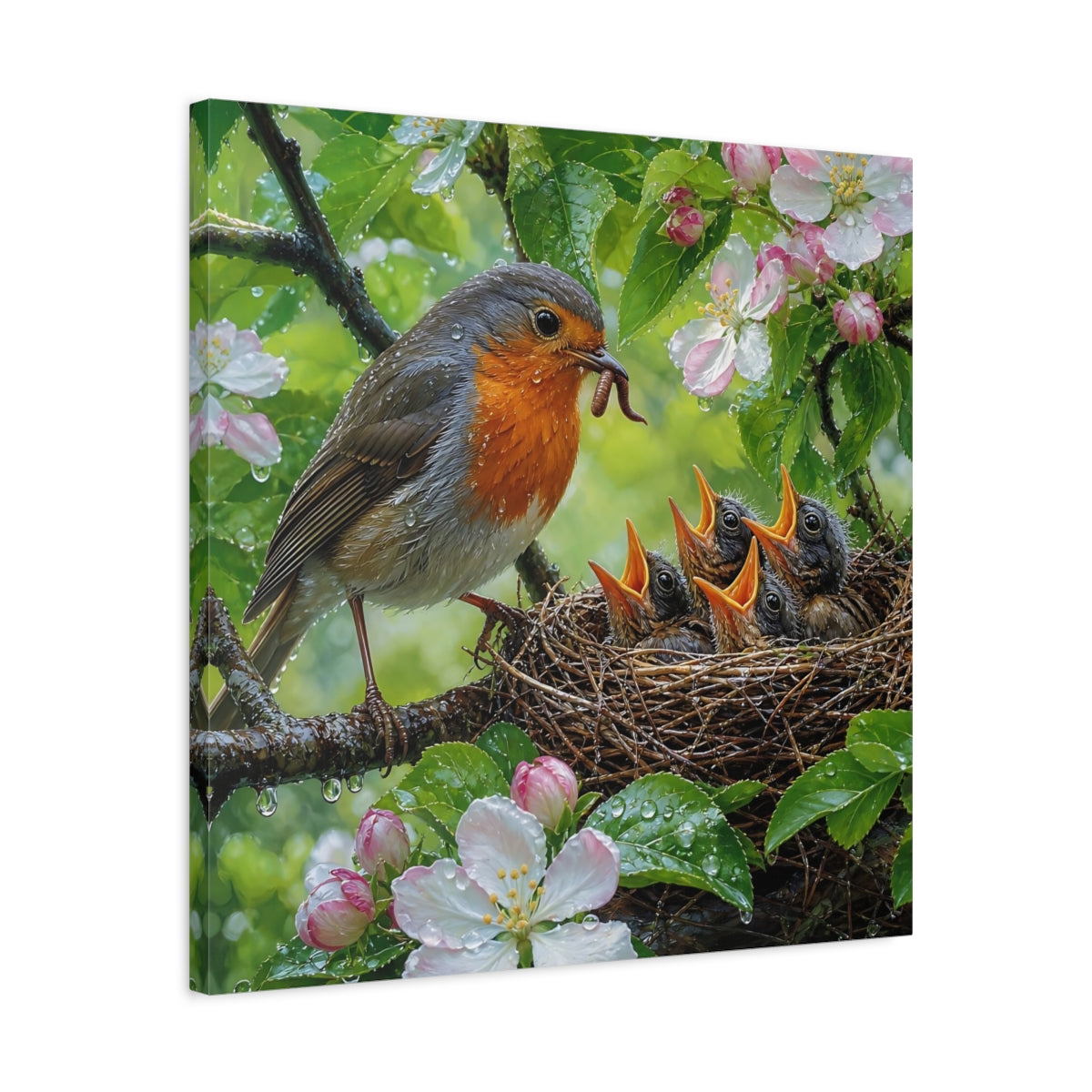 Side Mockup 4. Birds Robin Feeding Robin Bird Nest shown as stretched canvas wall art