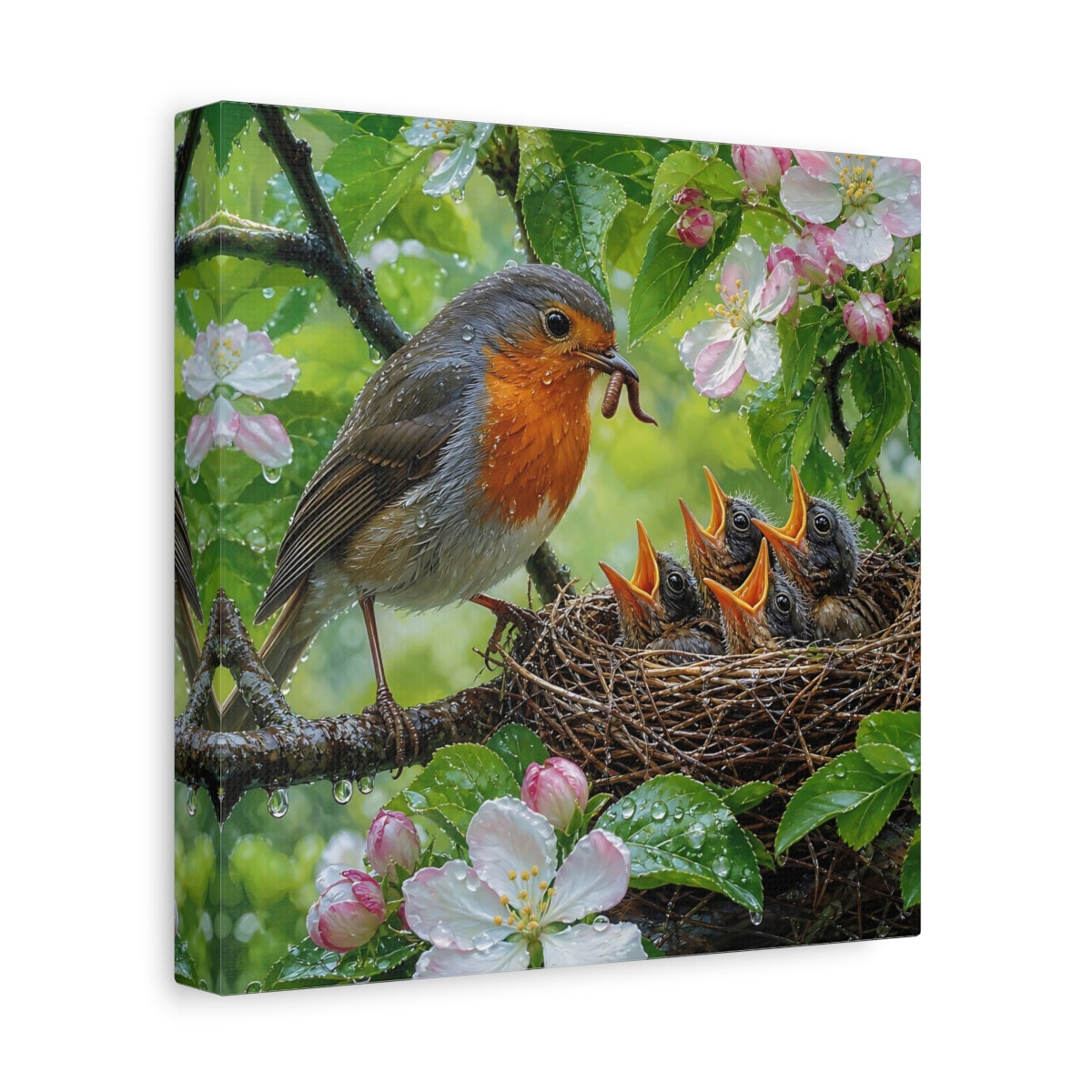Side Mockup 9. Birds Robin Feeding Robin Bird Nest shown as stretched canvas wall art