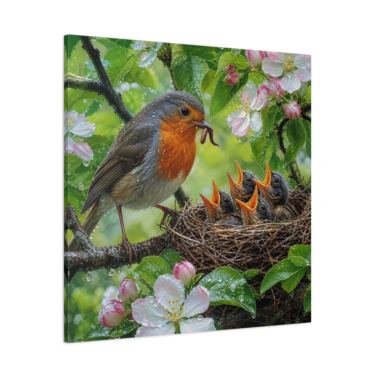 Side Mockup 1. Birds Robin Feeding Robin Bird Nest shown as stretched canvas wall art