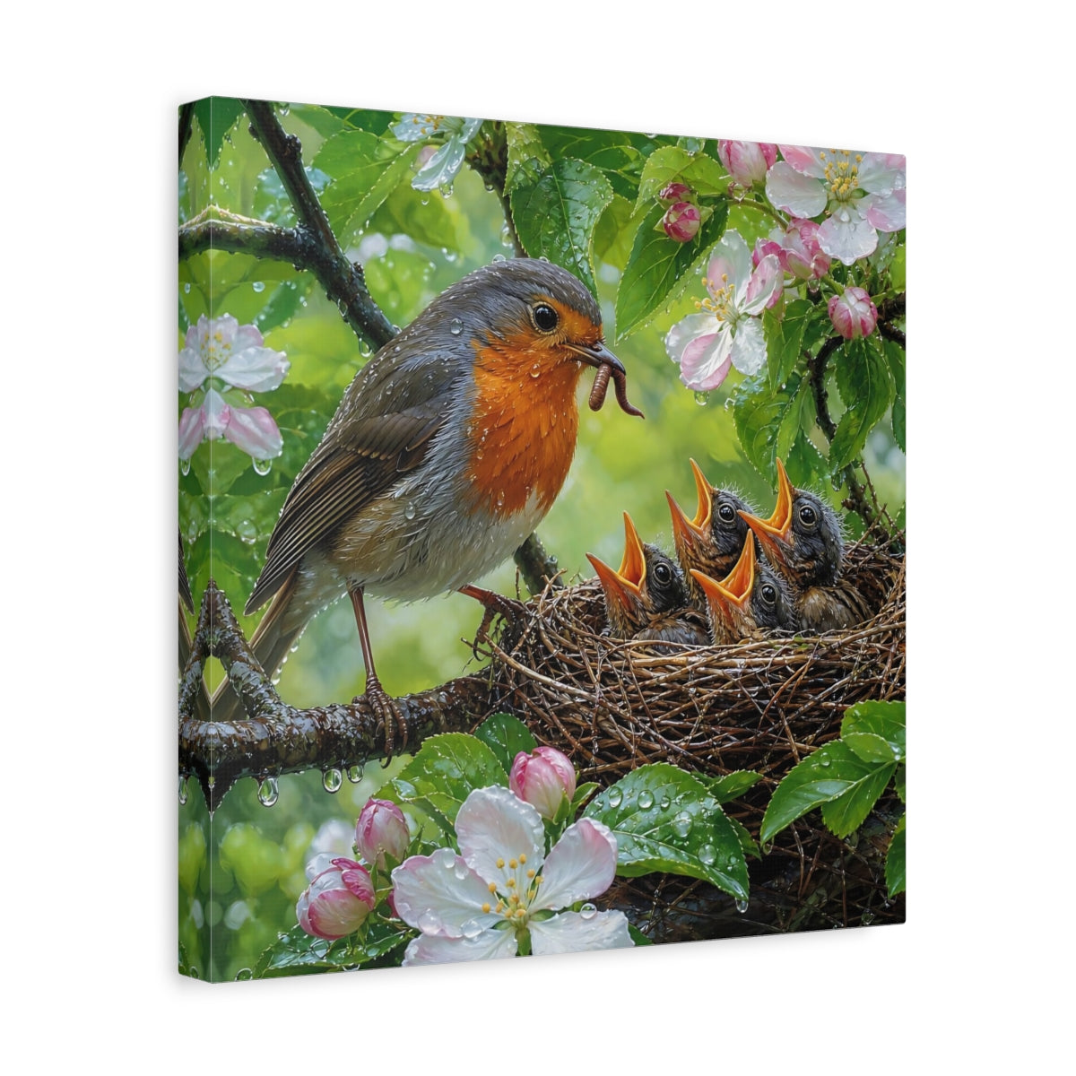 Side Mockup 7. Birds Robin Feeding Robin Bird Nest shown as stretched canvas wall art