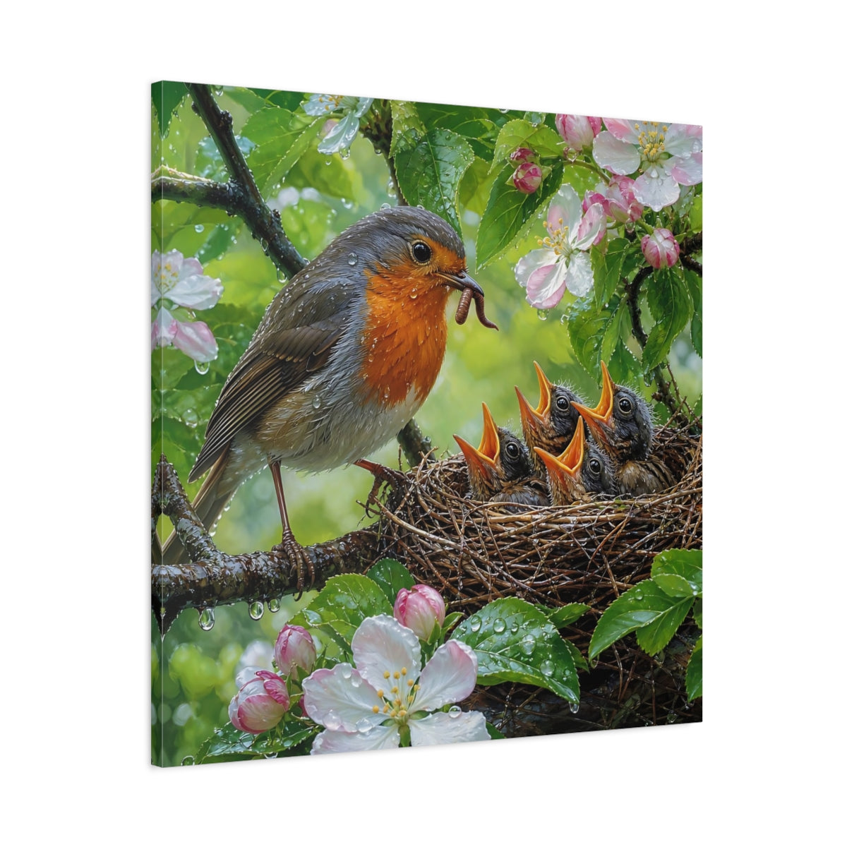 Main Mockup. Birds Robin Feeding Robin Bird Nest shown as stretched canvas wall art