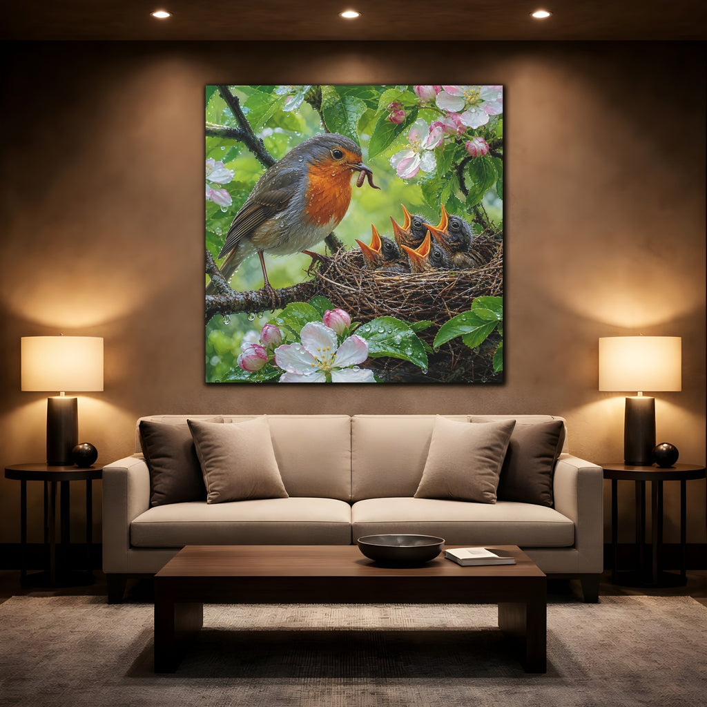 Mockup 2. Birds Robin Feeding Robin Bird Nest shown as stretched canvas wall art