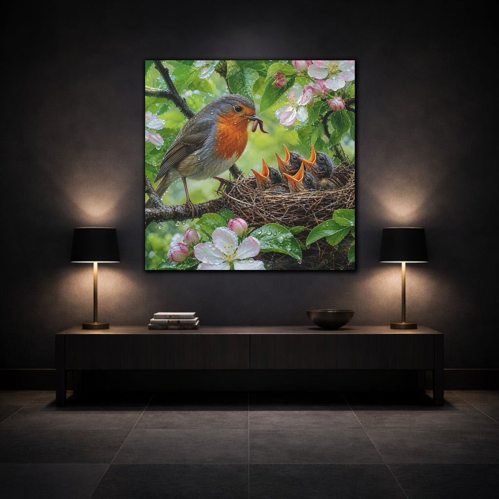 Mockup 3. Birds Robin Feeding Robin Bird Nest shown as stretched canvas wall art