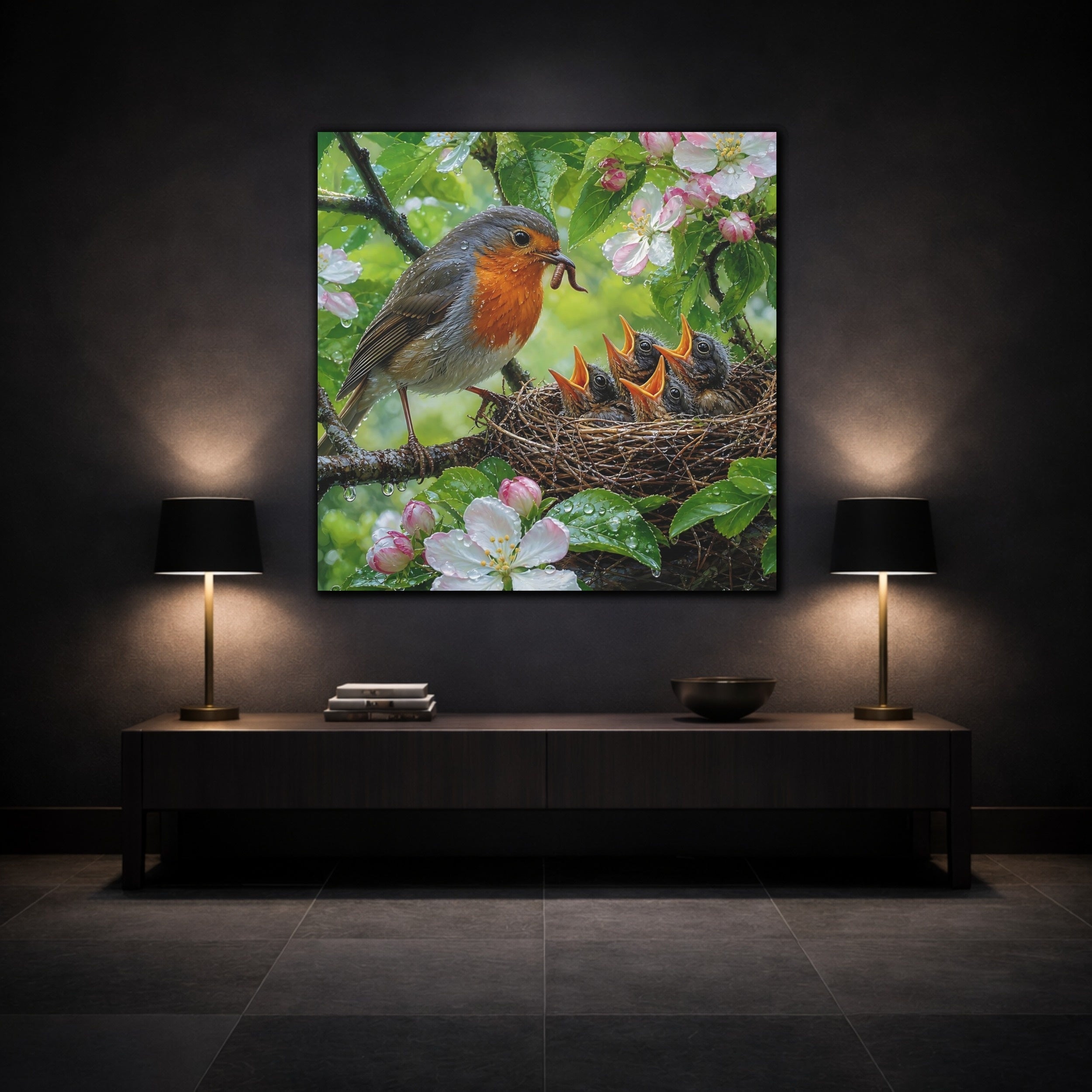 Mockup 3. Birds Robin Feeding Robin Bird Nest shown as stretched canvas wall art