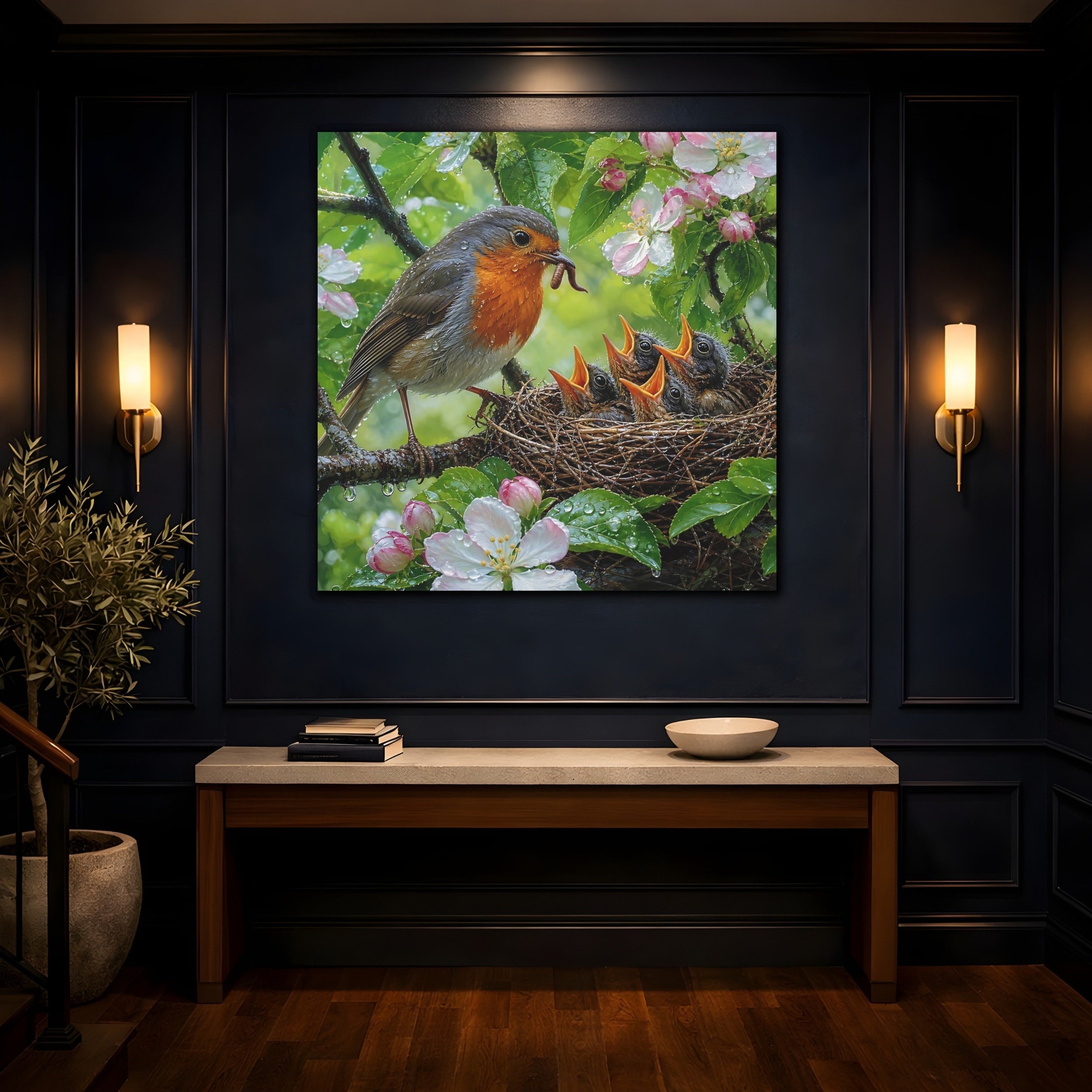 Mockup 4. Birds Robin Feeding Robin Bird Nest shown as stretched canvas wall art